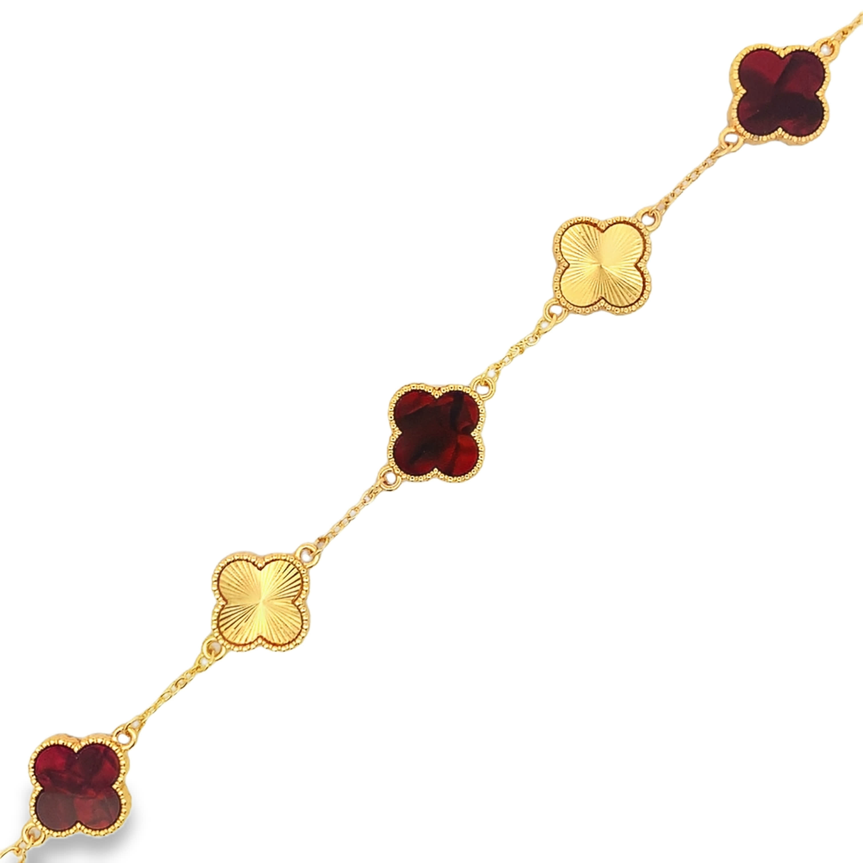 Yellow Gold Clover Motif Bracelet with Sunray Engraving and Carved Ruby
