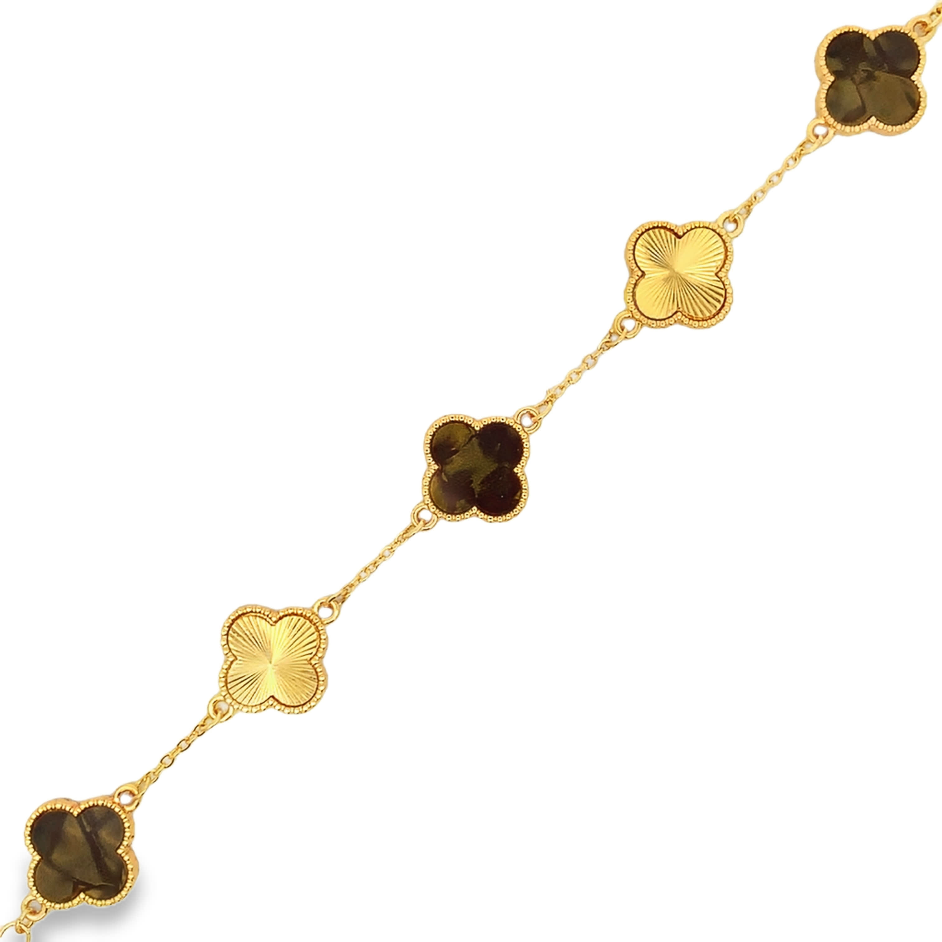 Yellow Gold Guilloch and Grey Onyx Five-Motif Clover Bracelet