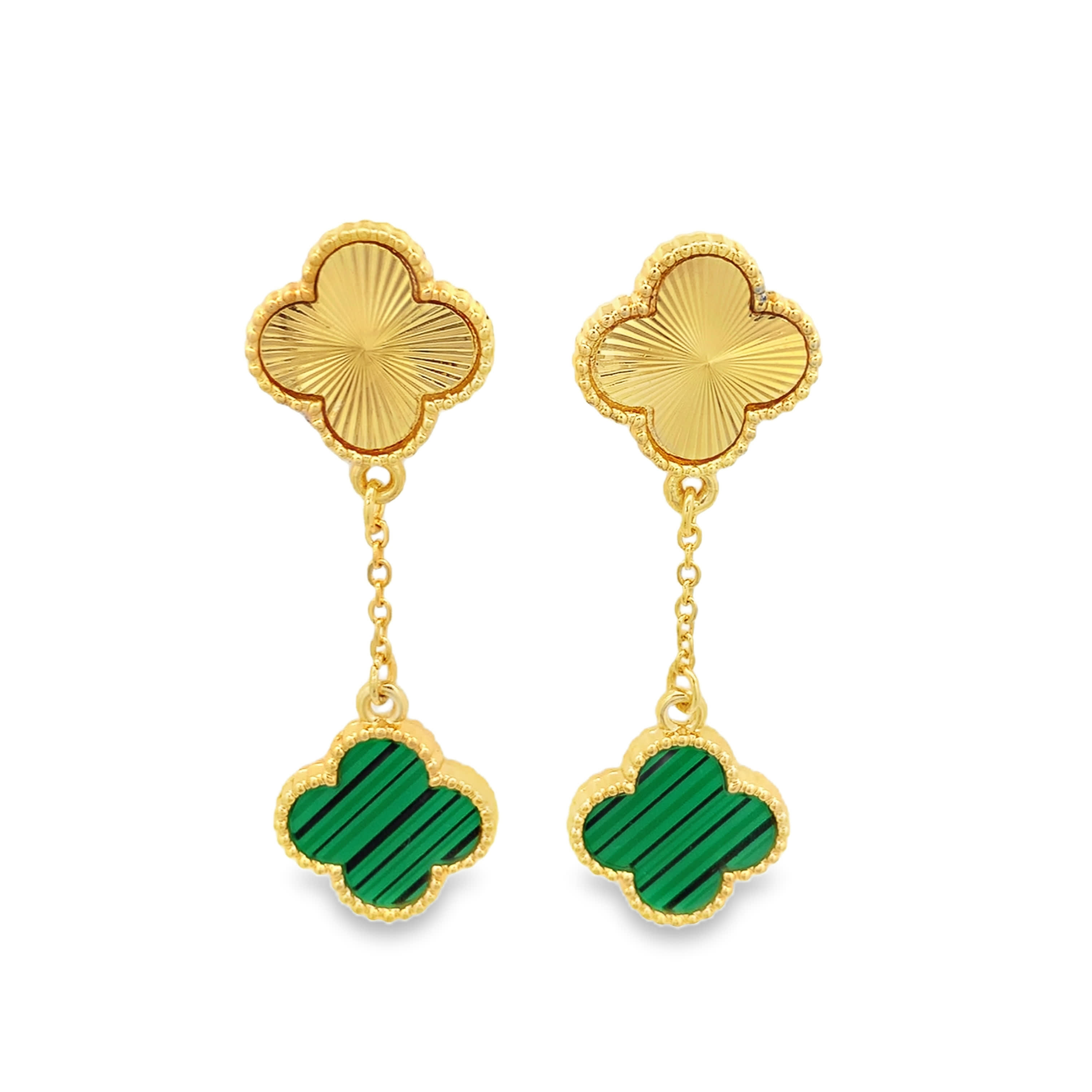 Yellow Gold Guilloché and Malachite Clover Drop Earrings
