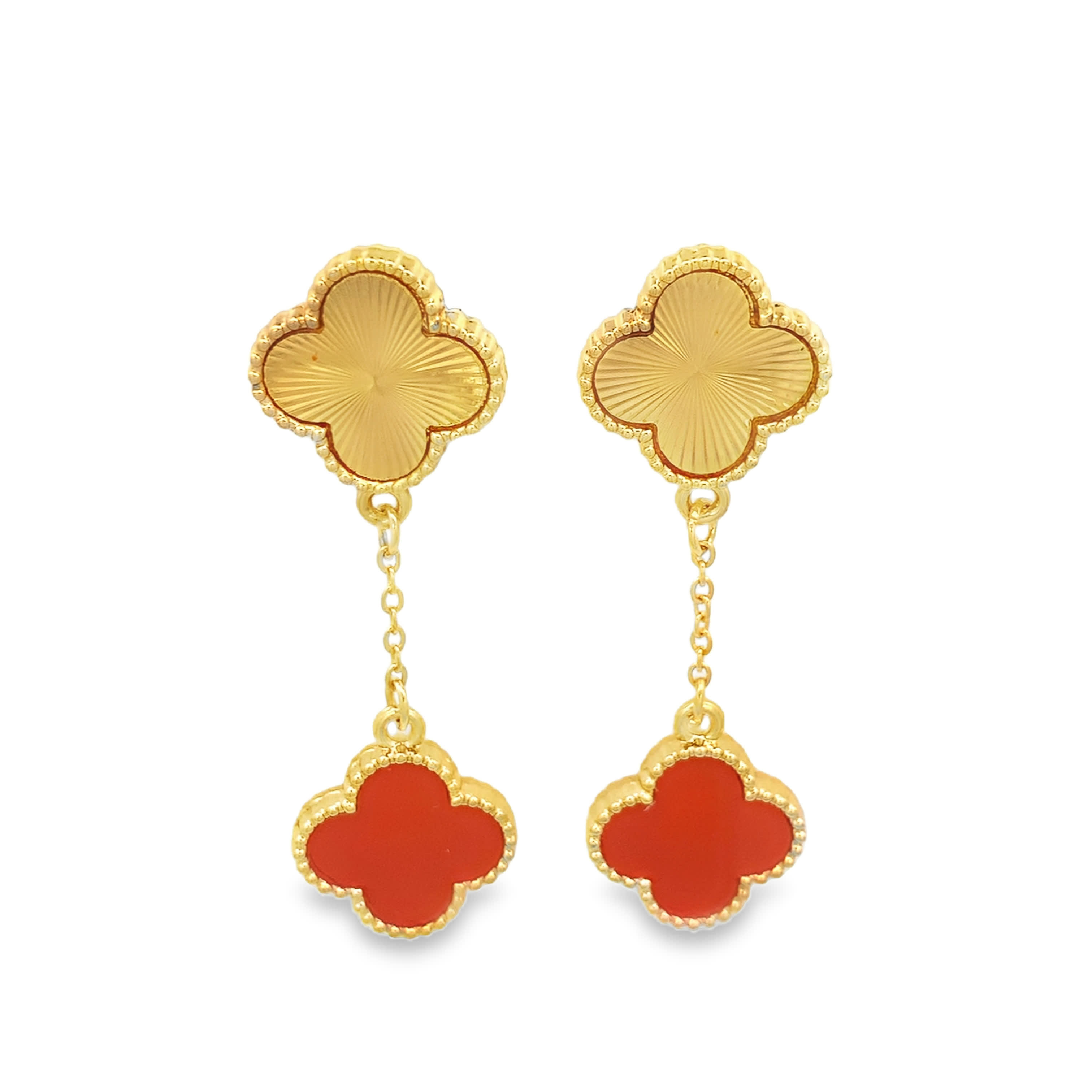 Pozłacane wiszące kolczyki koniczyna z giloszem i czerwonym kamieniem