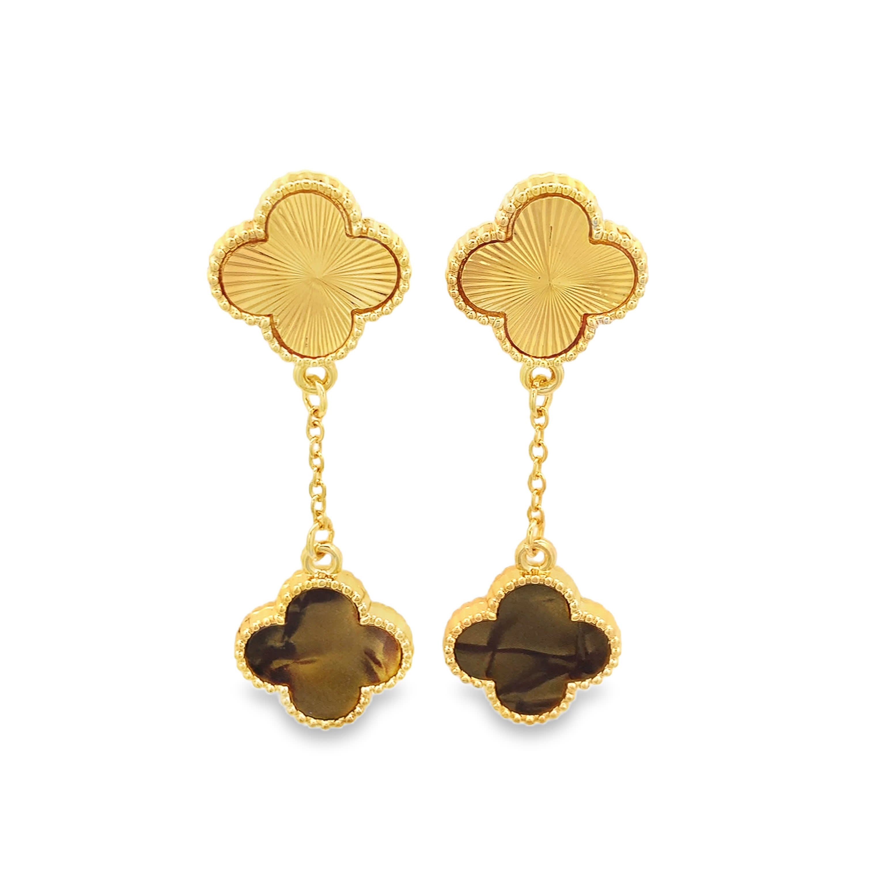 Pozłacane wiszące kolczyki koniczyna w stylu vintage z czarnym kamieniem