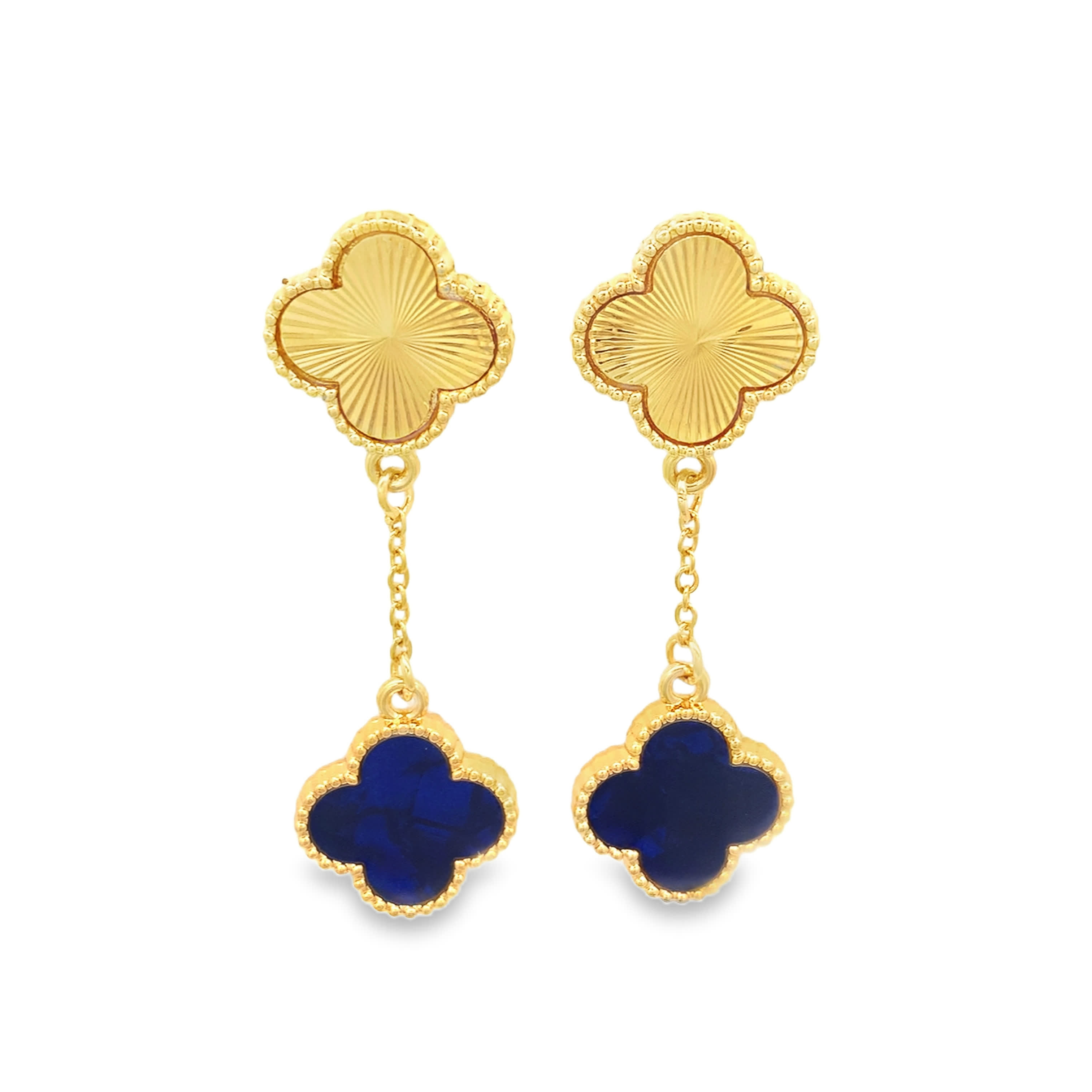 Pozłacane wiszące kolczyki koniczyna z giloszem i kamieniem