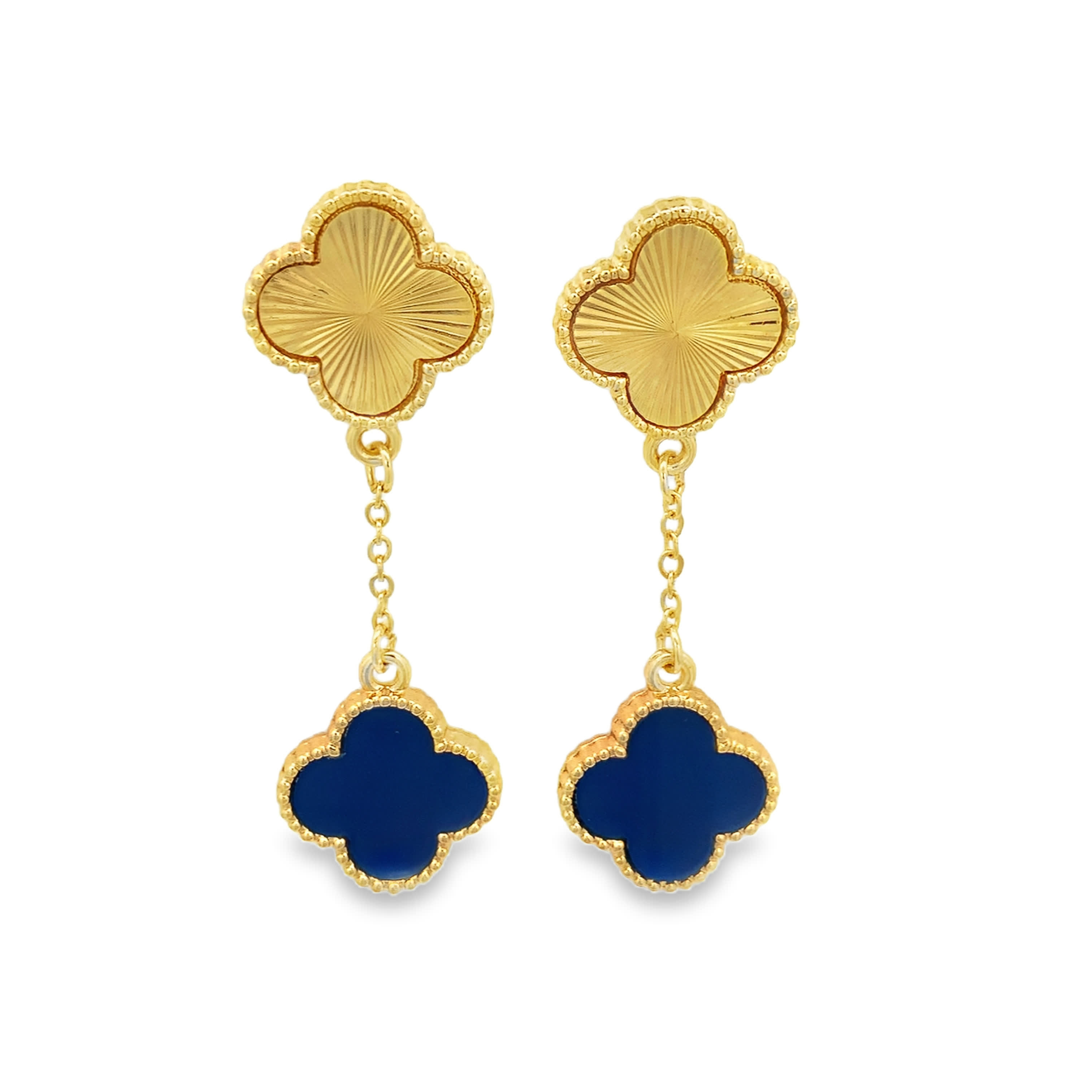 Guilloche and Blue Agate Clover Drop Earrings in Yellow Gold