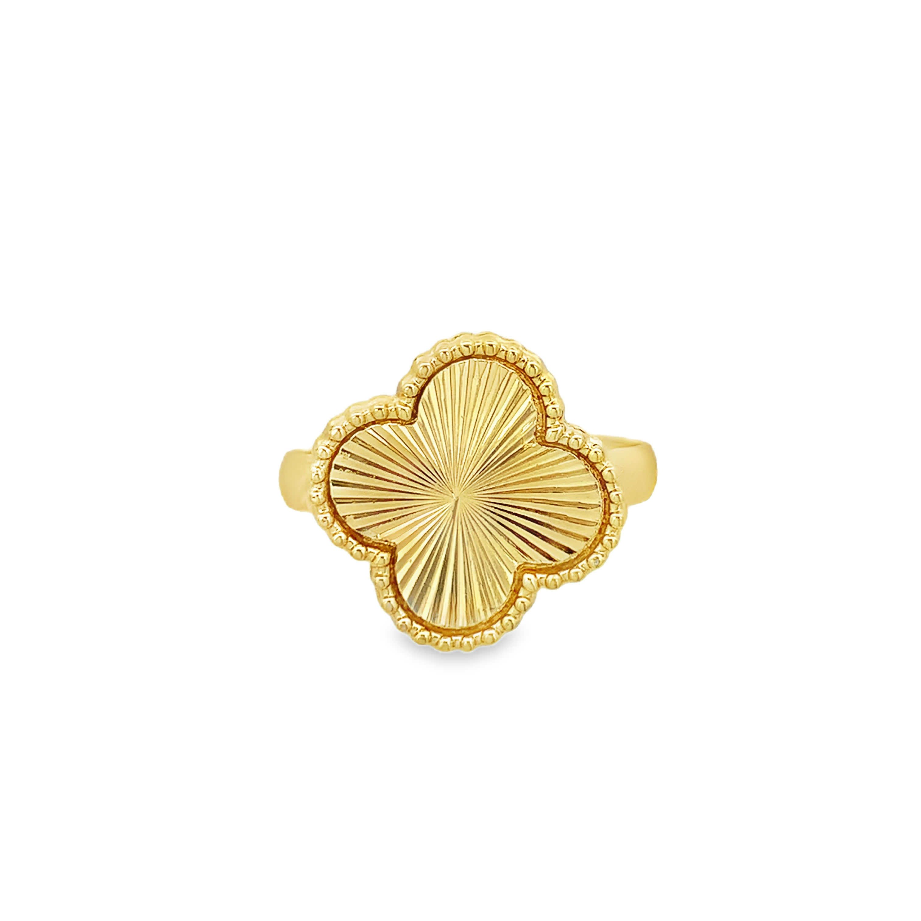 Yellow Gold Guilloche Sunburst Quatrefoil Clover Signet Ring