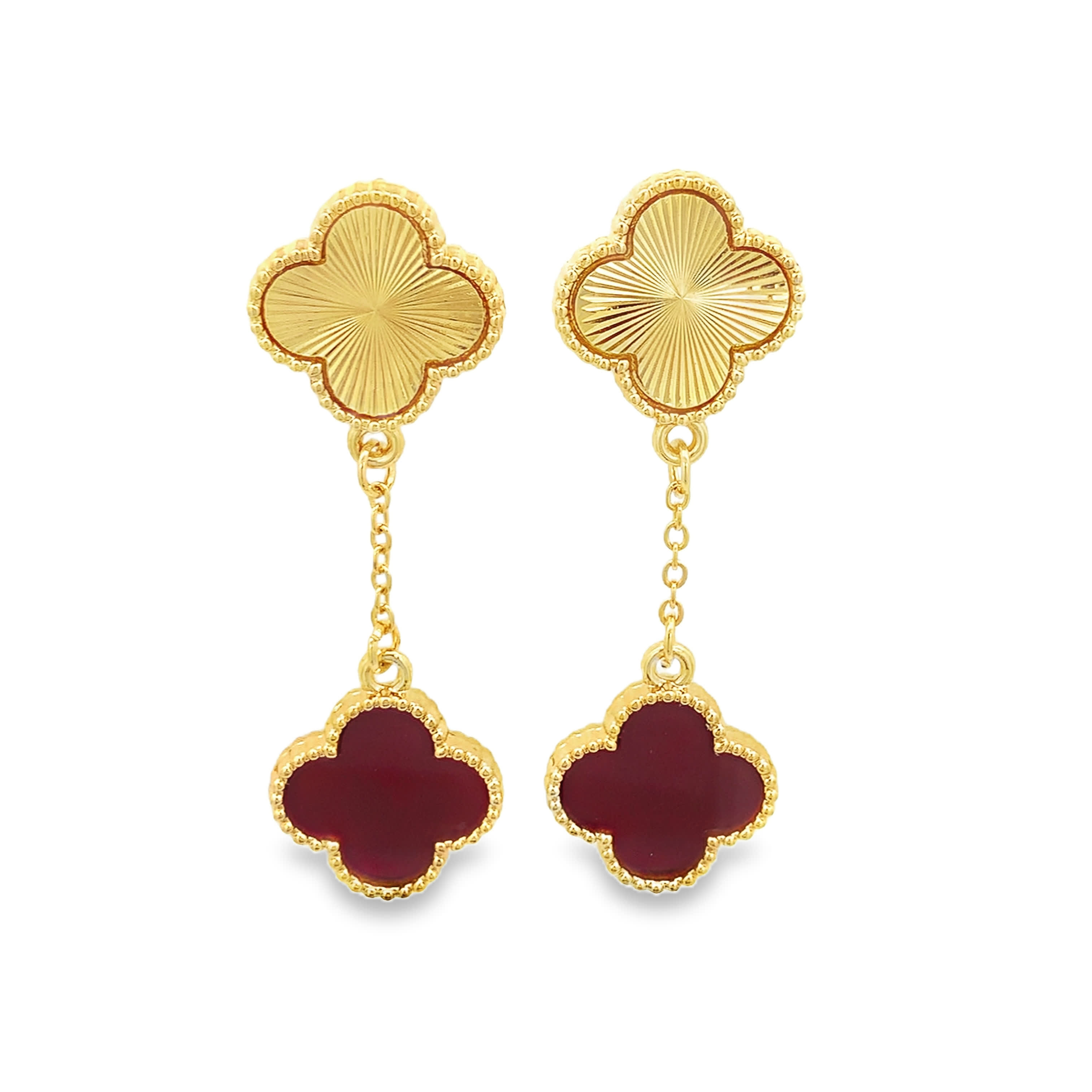 Guilloche Gold and Red Agate Clover Drop Earrings