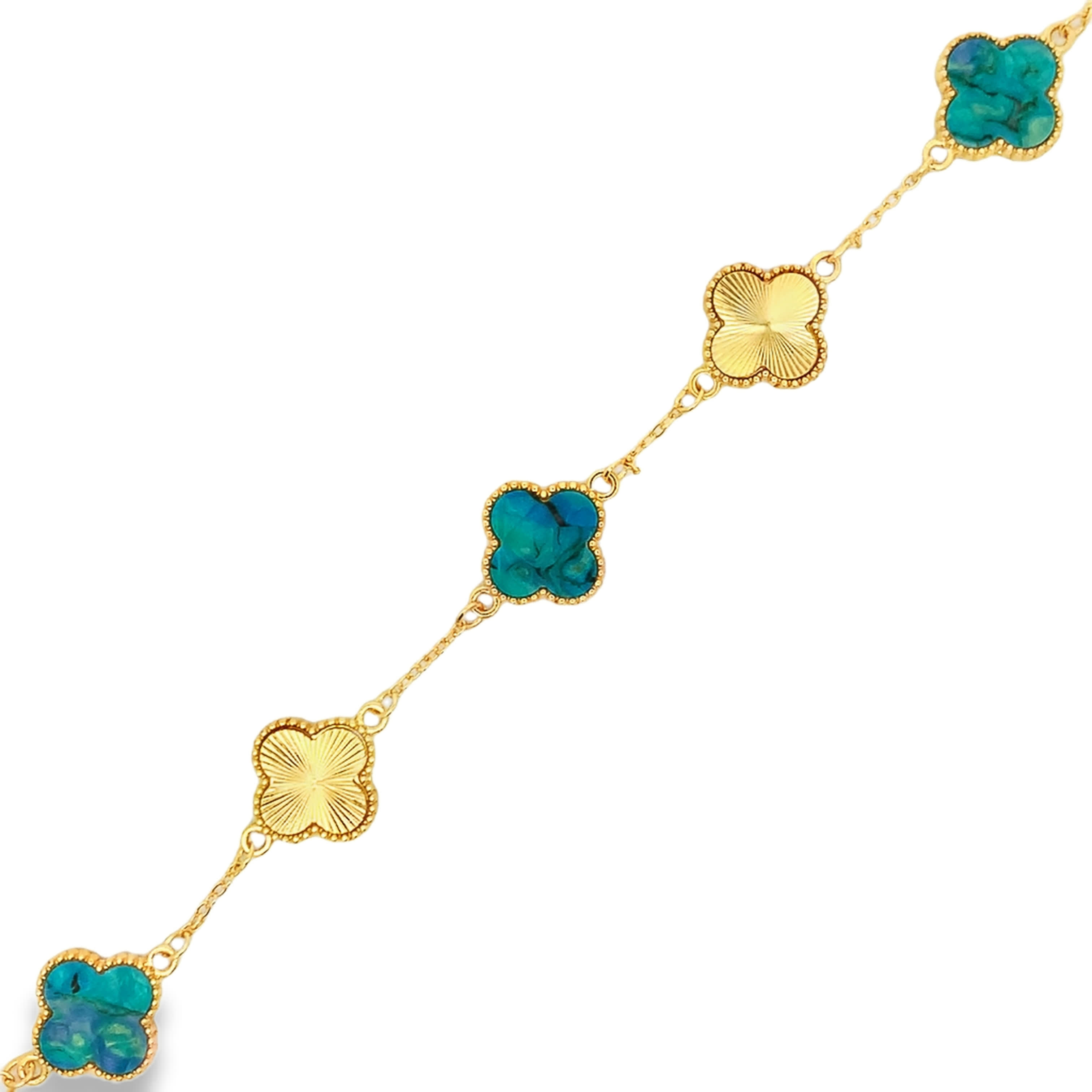 Yellow Gold Turquoise and Guilloché Finish Multi-Motif Clover Bracelet