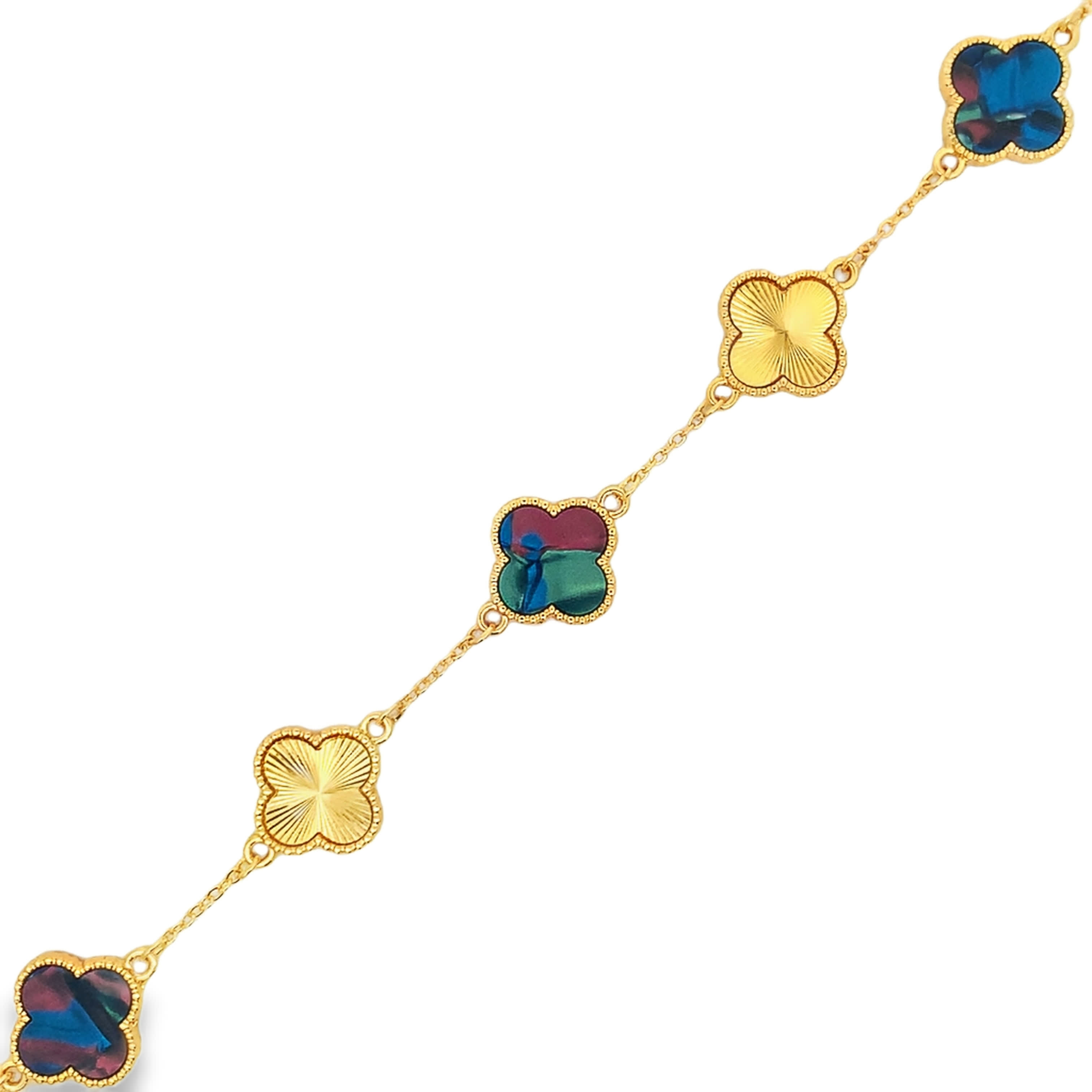 Bicolor Agate and Sunburst Gold Clover Motif Chain Bracelet