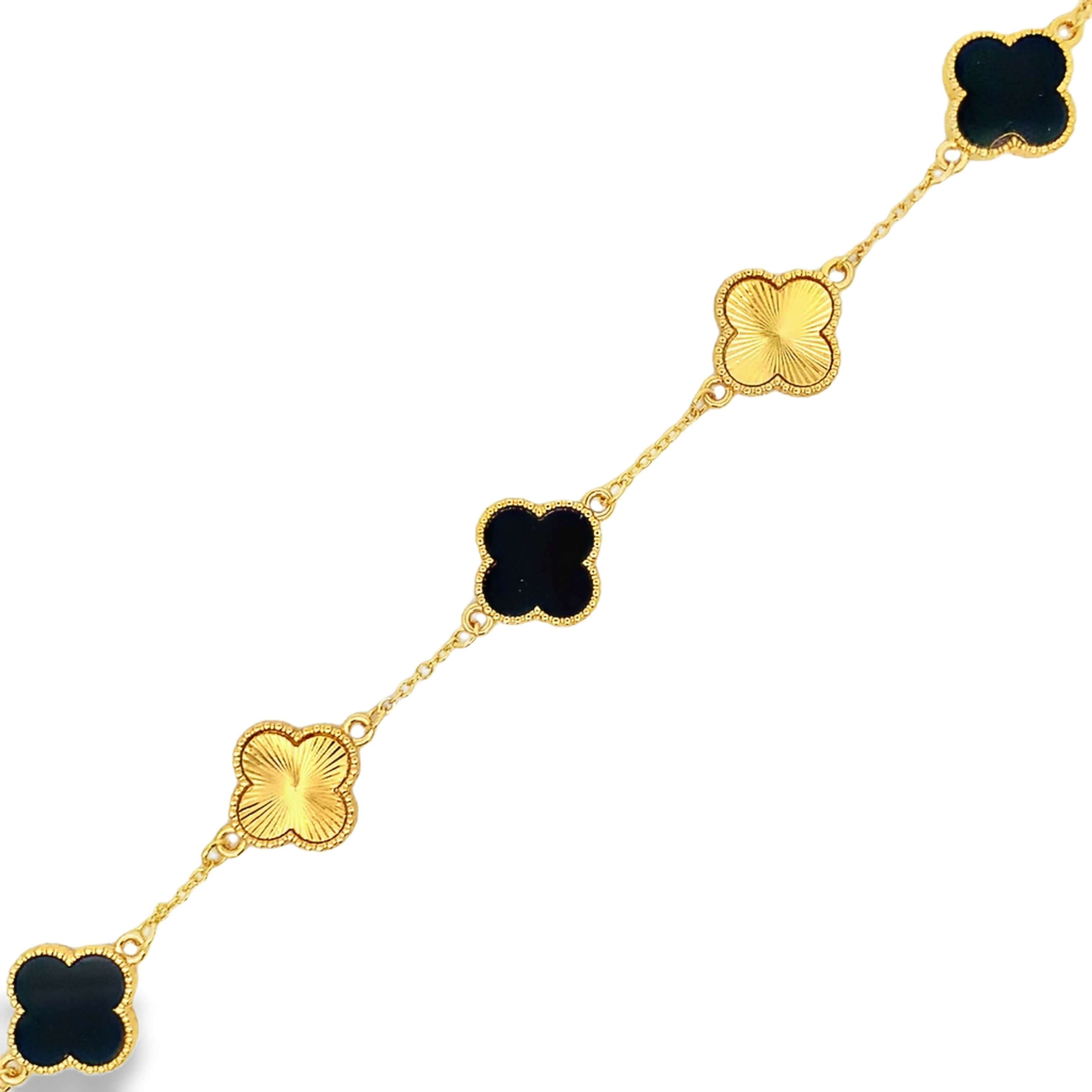 Yellow Gold Alternating Onyx and Guilloche Clover Motif Chain Bracelet