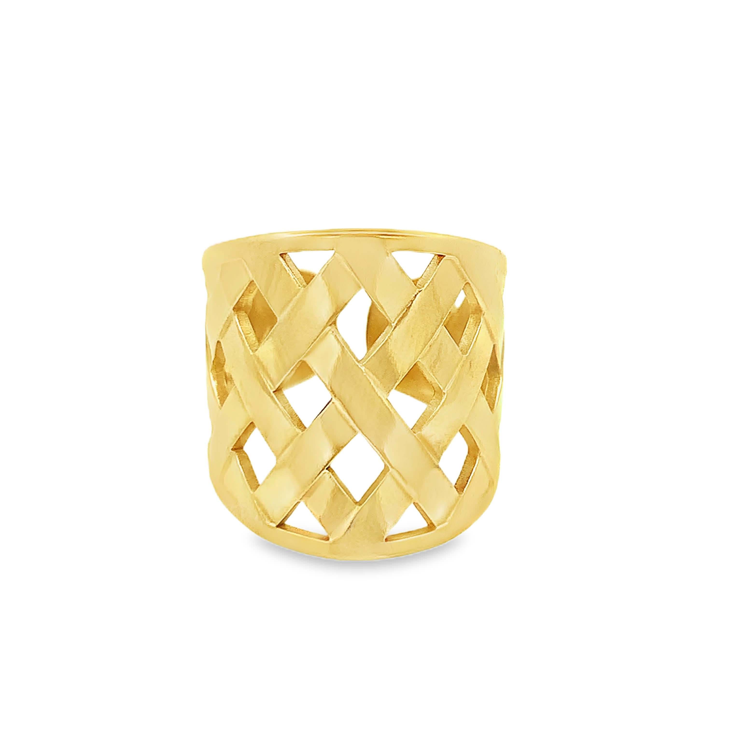 Polished Yellow Gold Lattice Basketweave Wide Band Ring