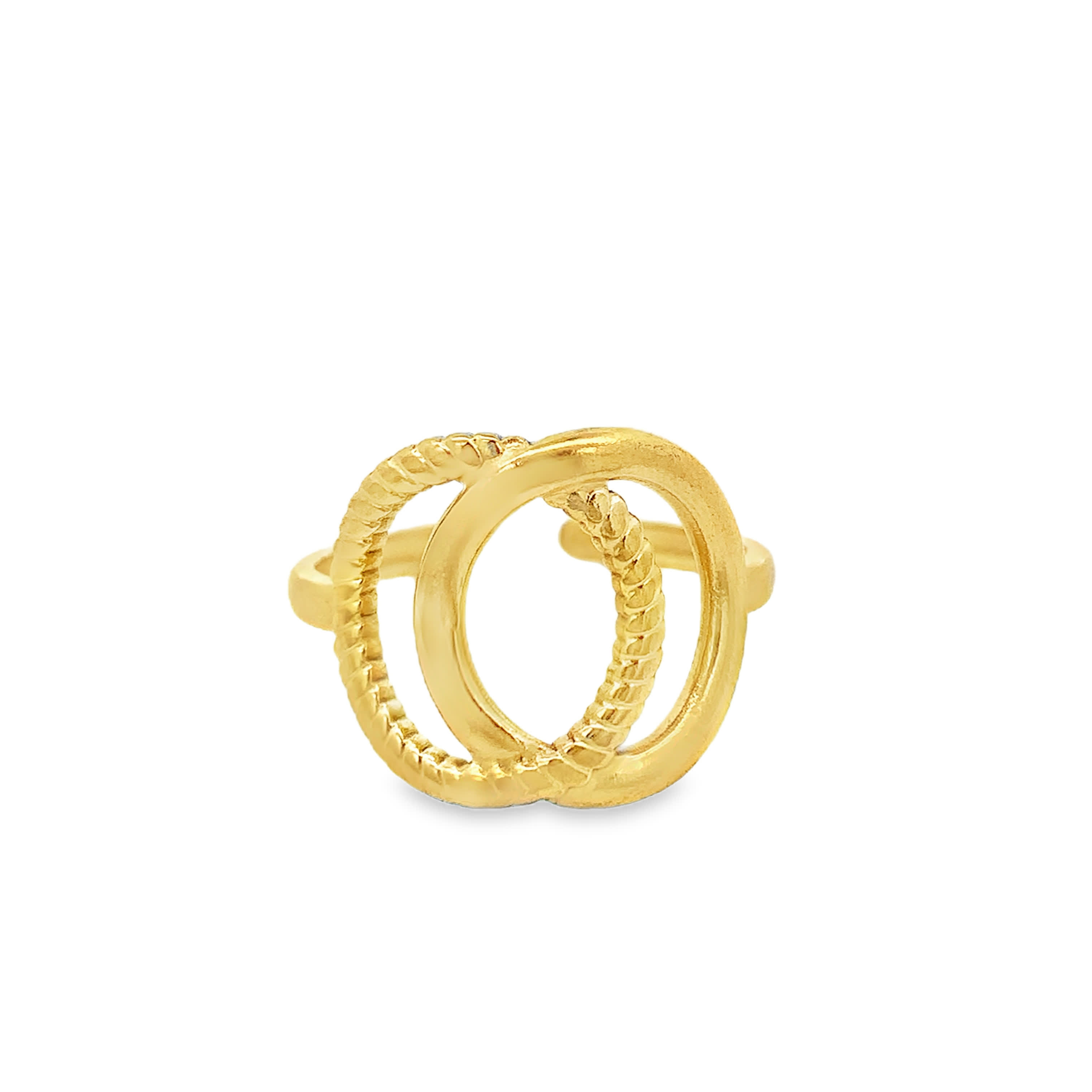 Yellow Gold Interlocking Rope and Smooth Double Circle Open Ring