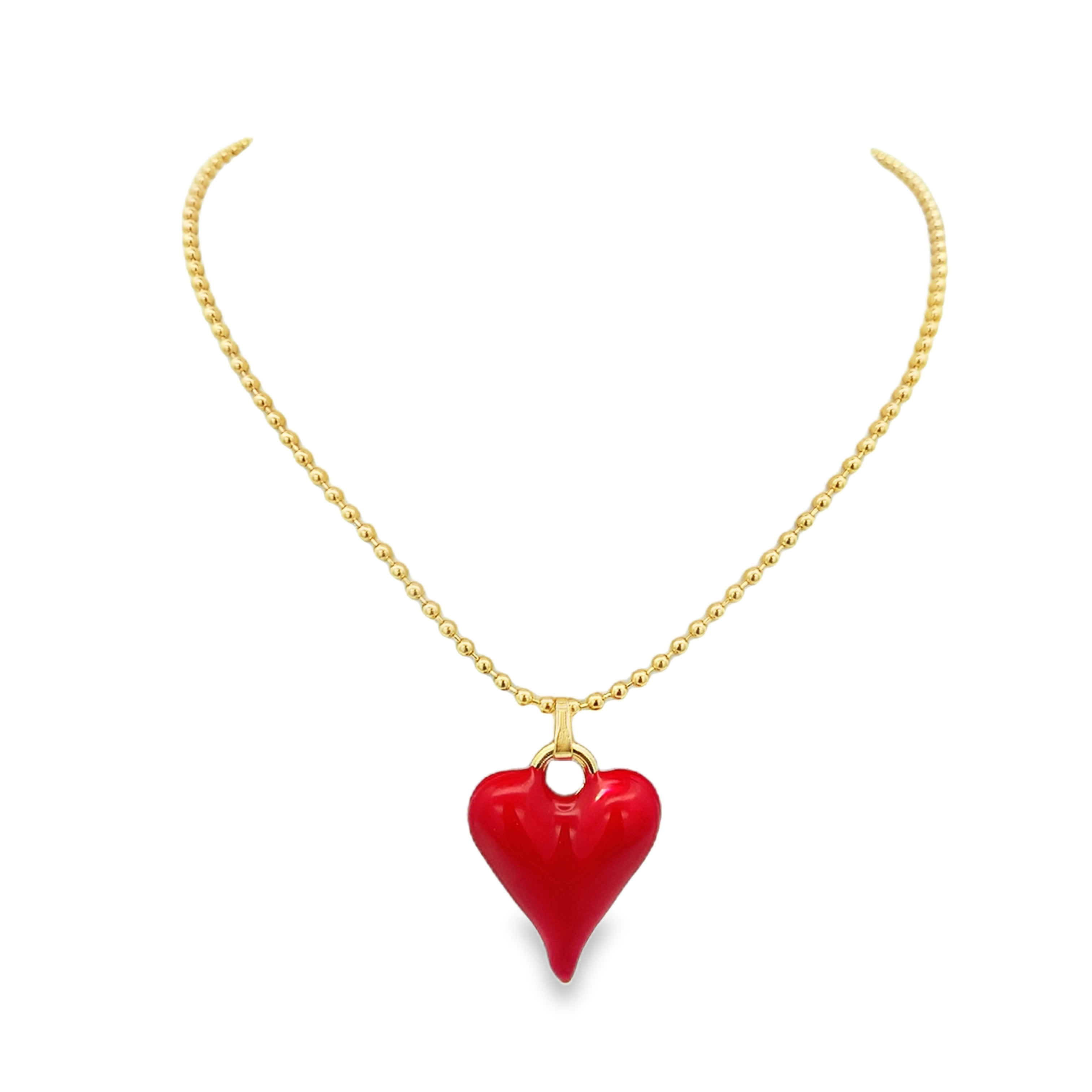 Puffy Ruby Heart Pendant on Yellow Gold Bead Chain