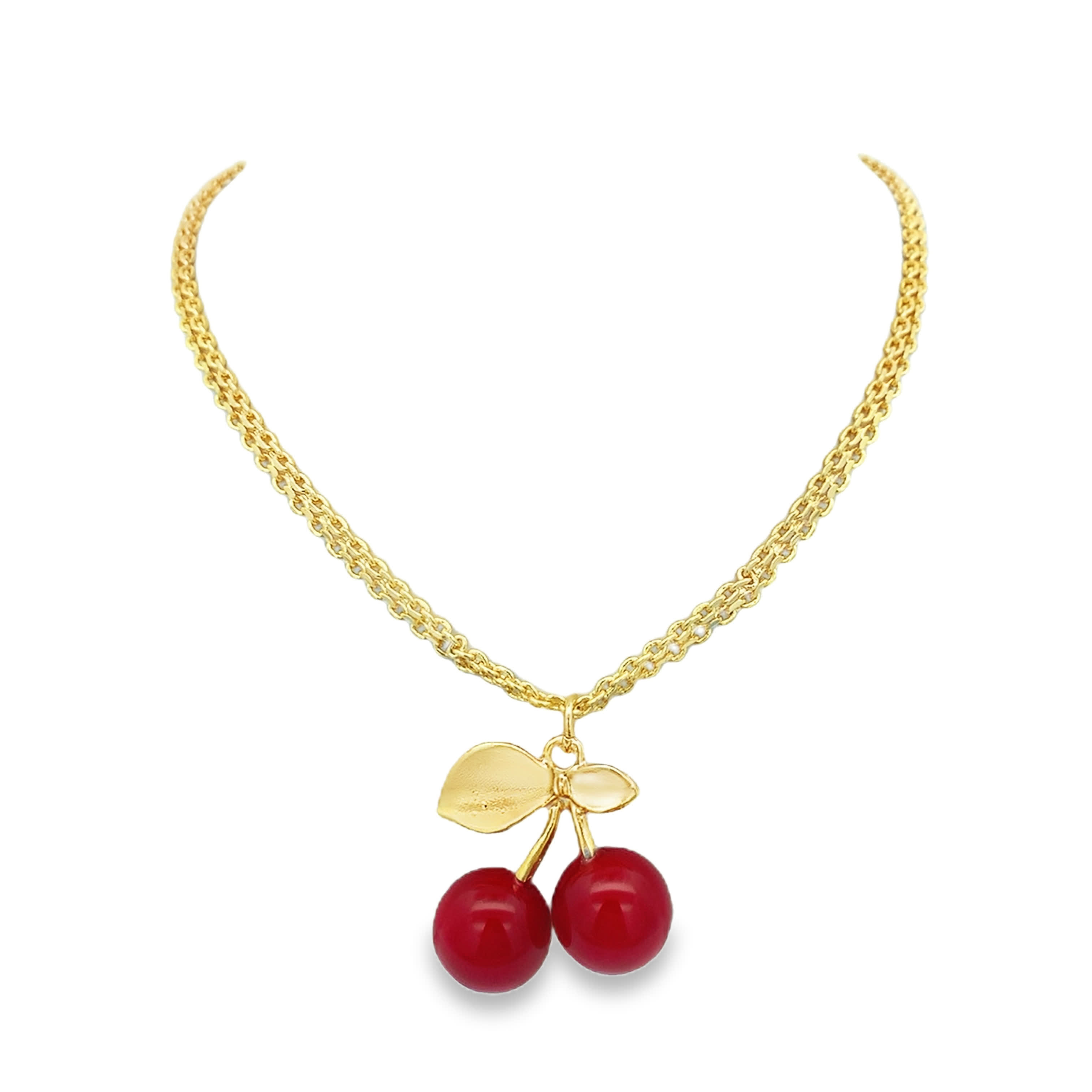 Playful Coral Cherry Charm Necklace in Yellow Gold