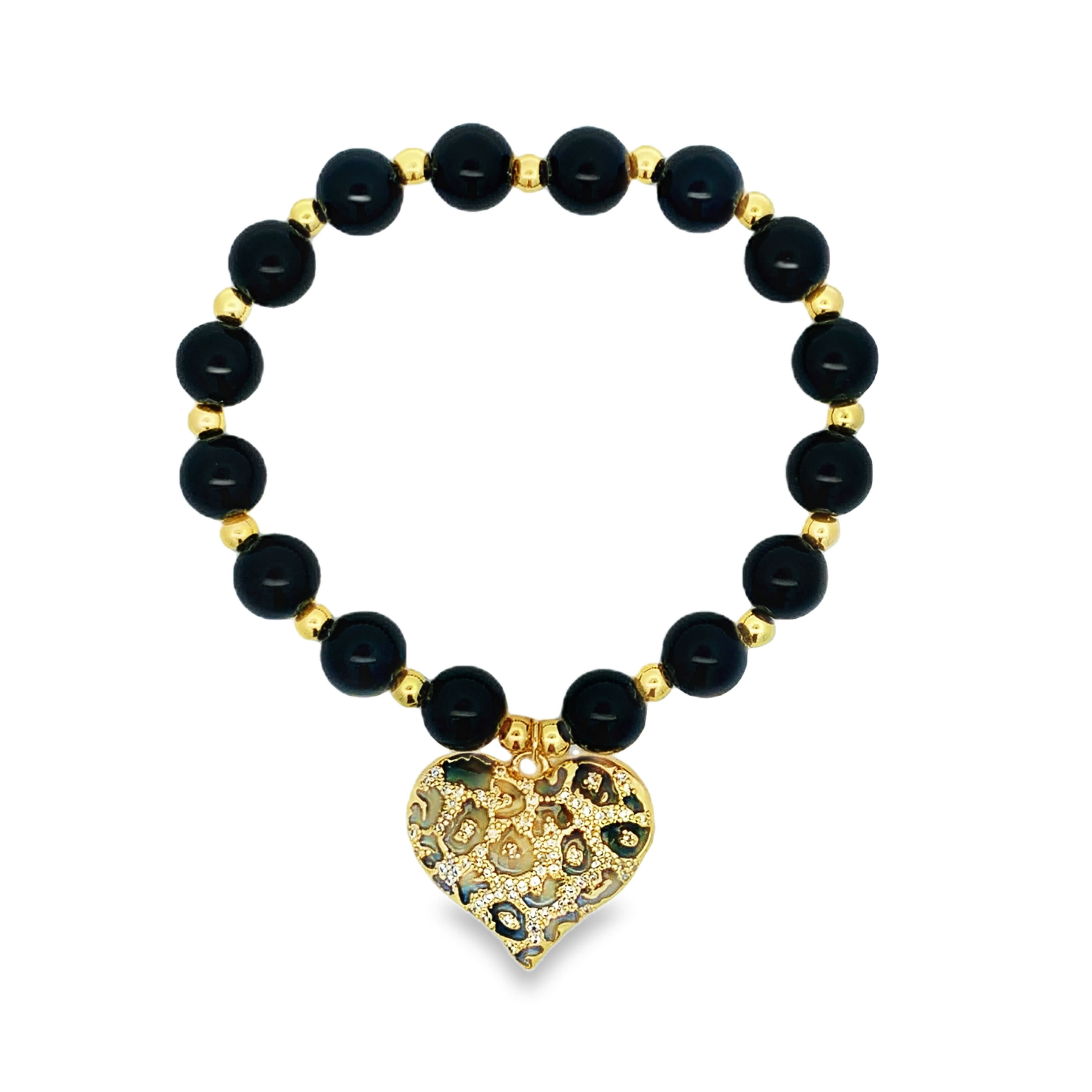 Yellow Gold Onyx Beaded Bracelet with Leopard Print Heart