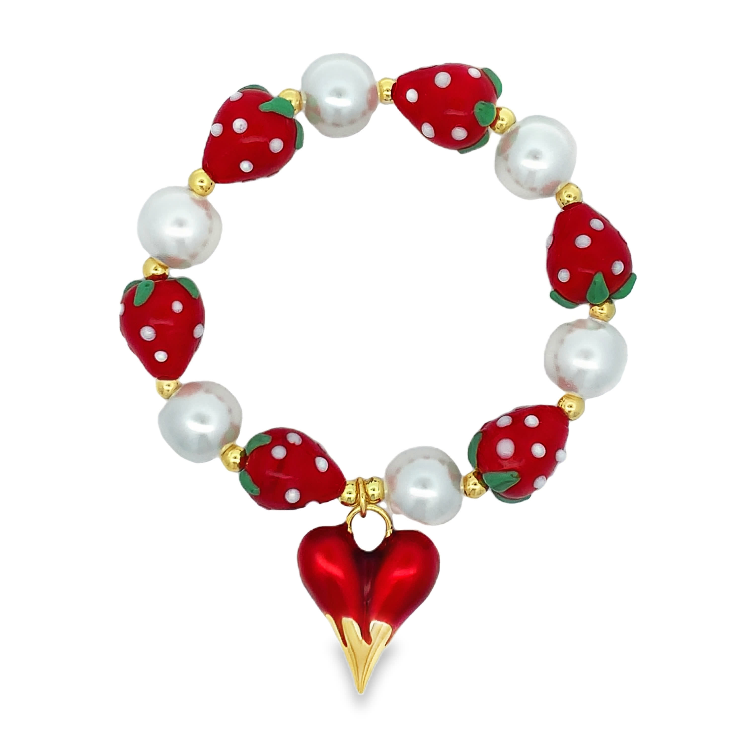 Strawberry and Pearl Beaded Bracelet with Heart Charm