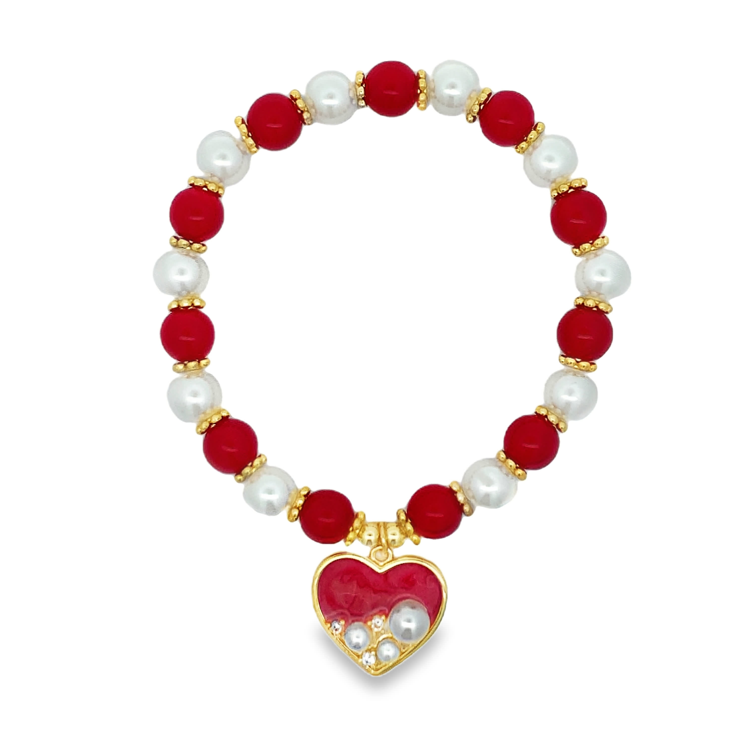 Yellow Gold Pearl and Red Bead Heart Charm Bracelet