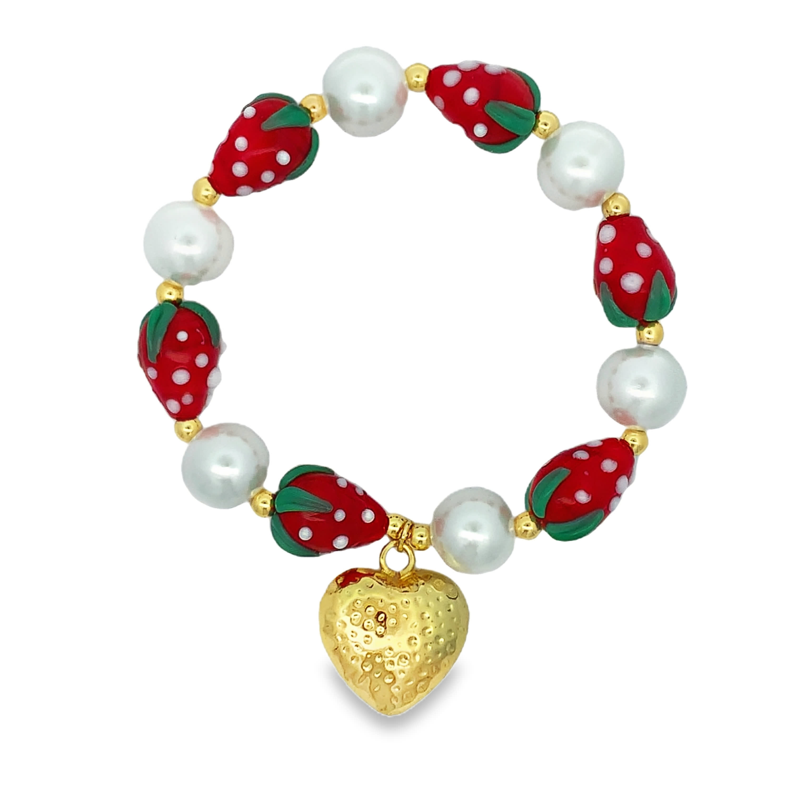 Yellow Gold Pearl and Red Bead Heart Charm Bracelet
