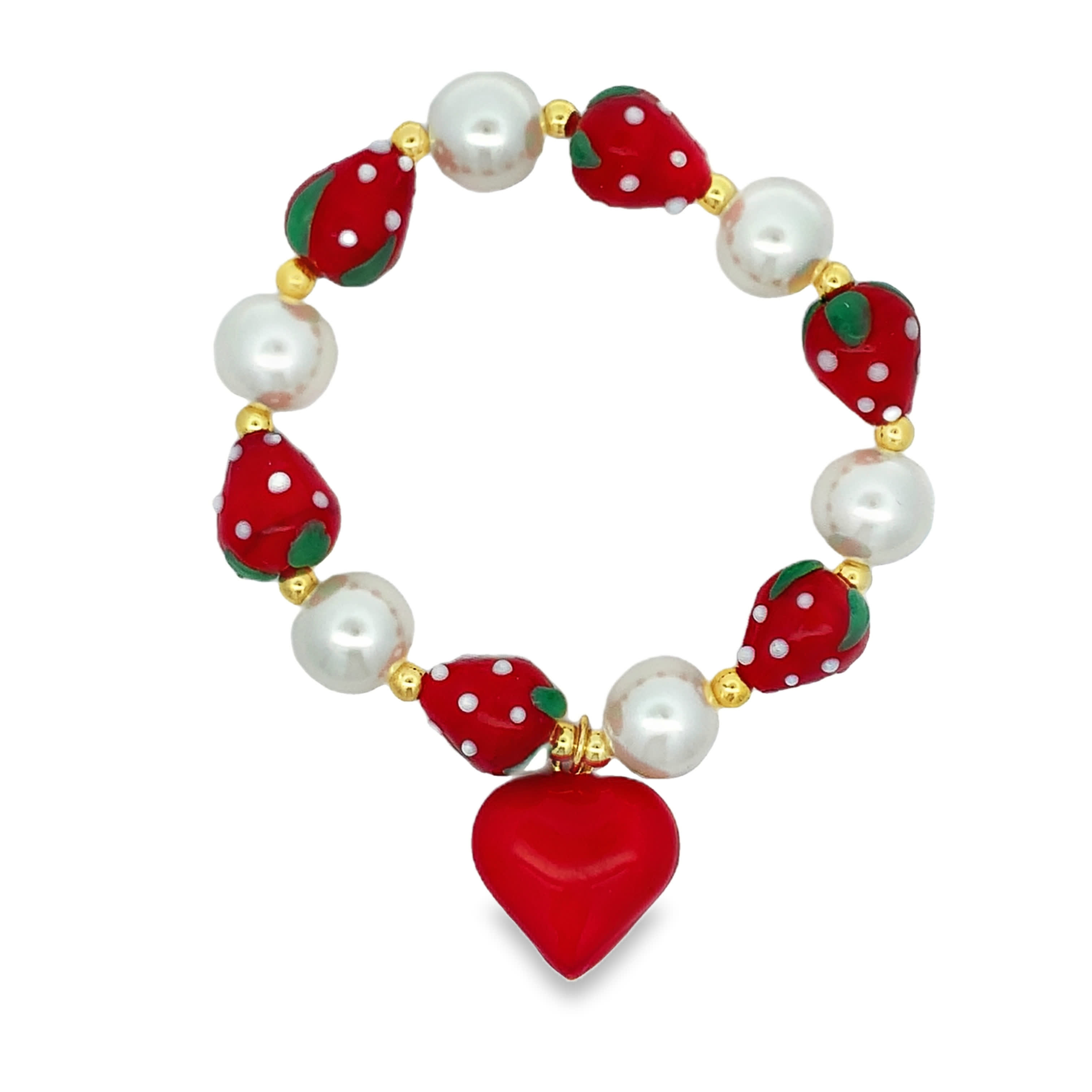 Yellow Gold Pearl and Red Bead Heart Charm Bracelet