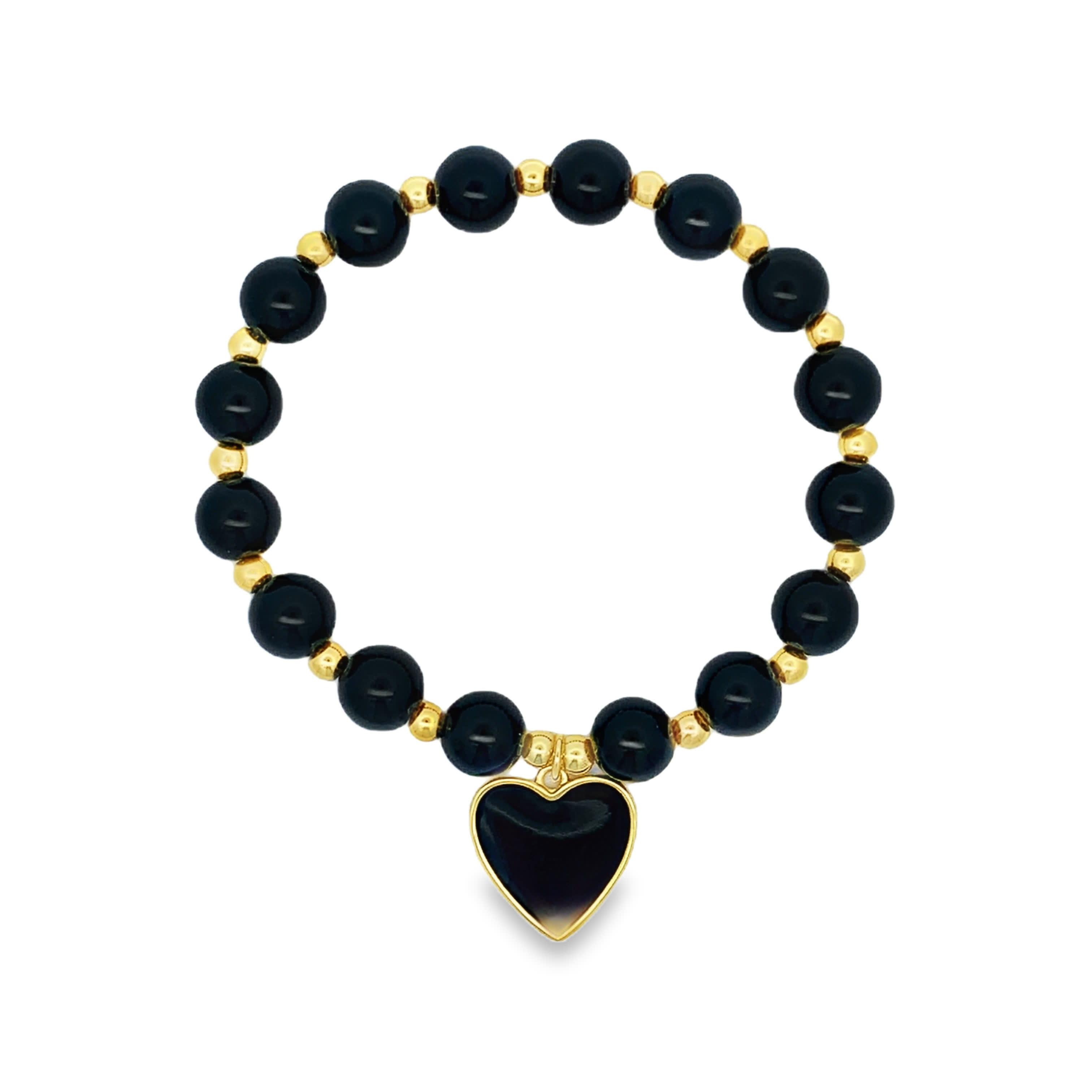 Onyx Beaded Bracelet with Heart Charm in Yellow Gold