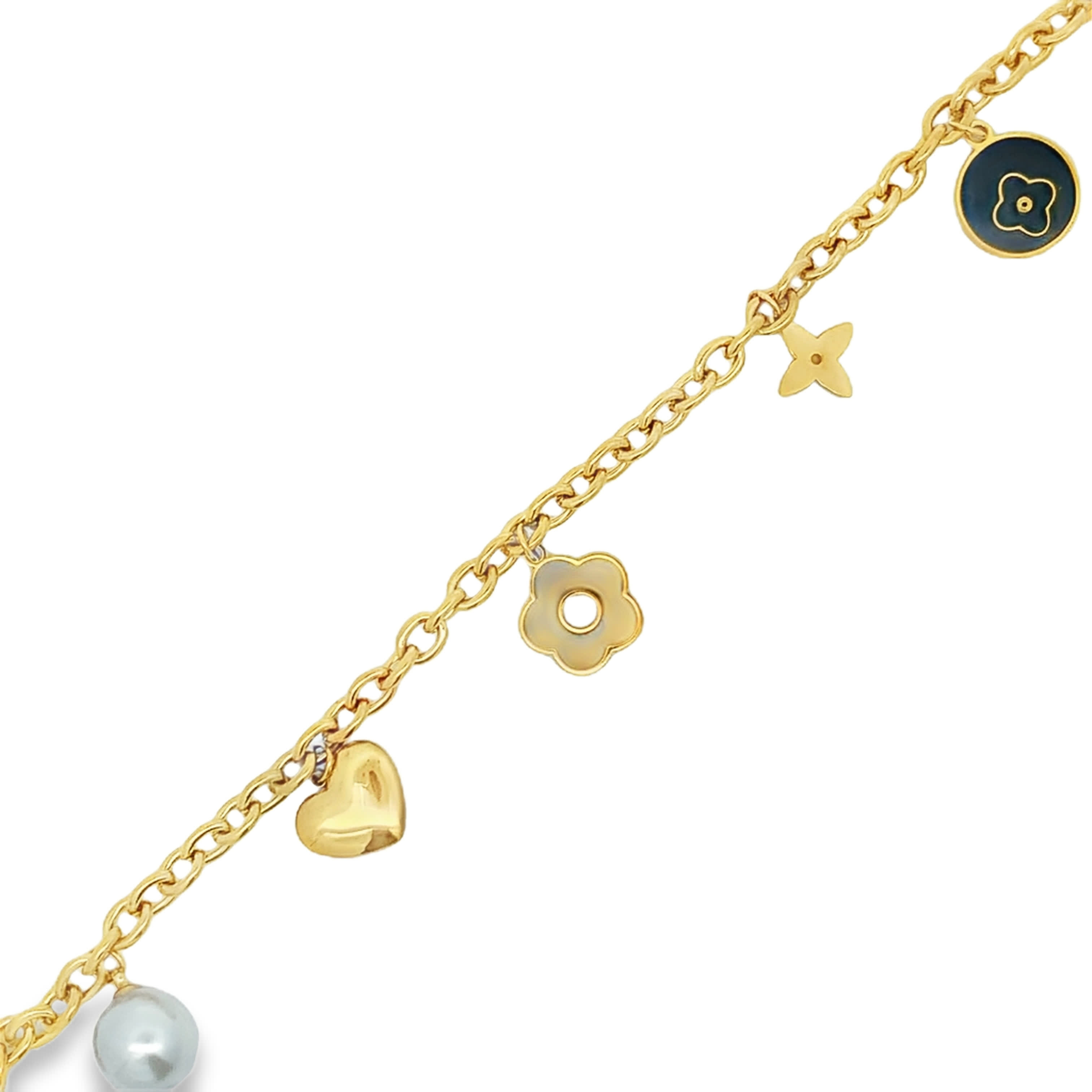 Yellow Gold Pearl and Enamel Motif Charm Bracelet