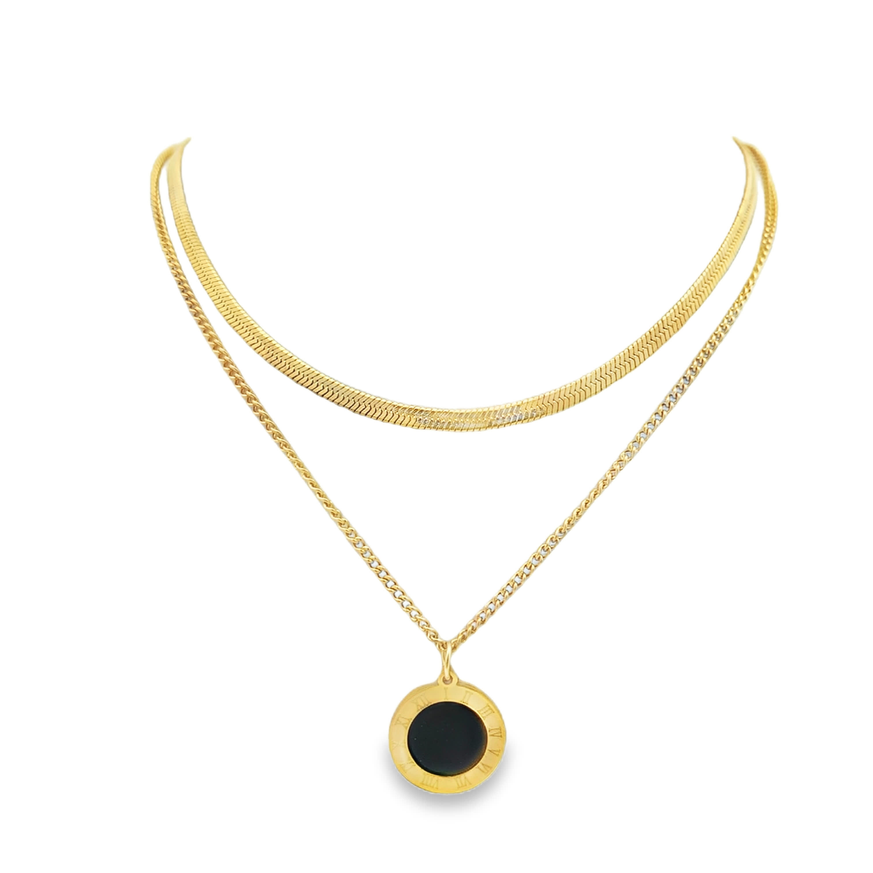Yellow Gold Layered Necklace with Onyx Roman Numeral Pendant
