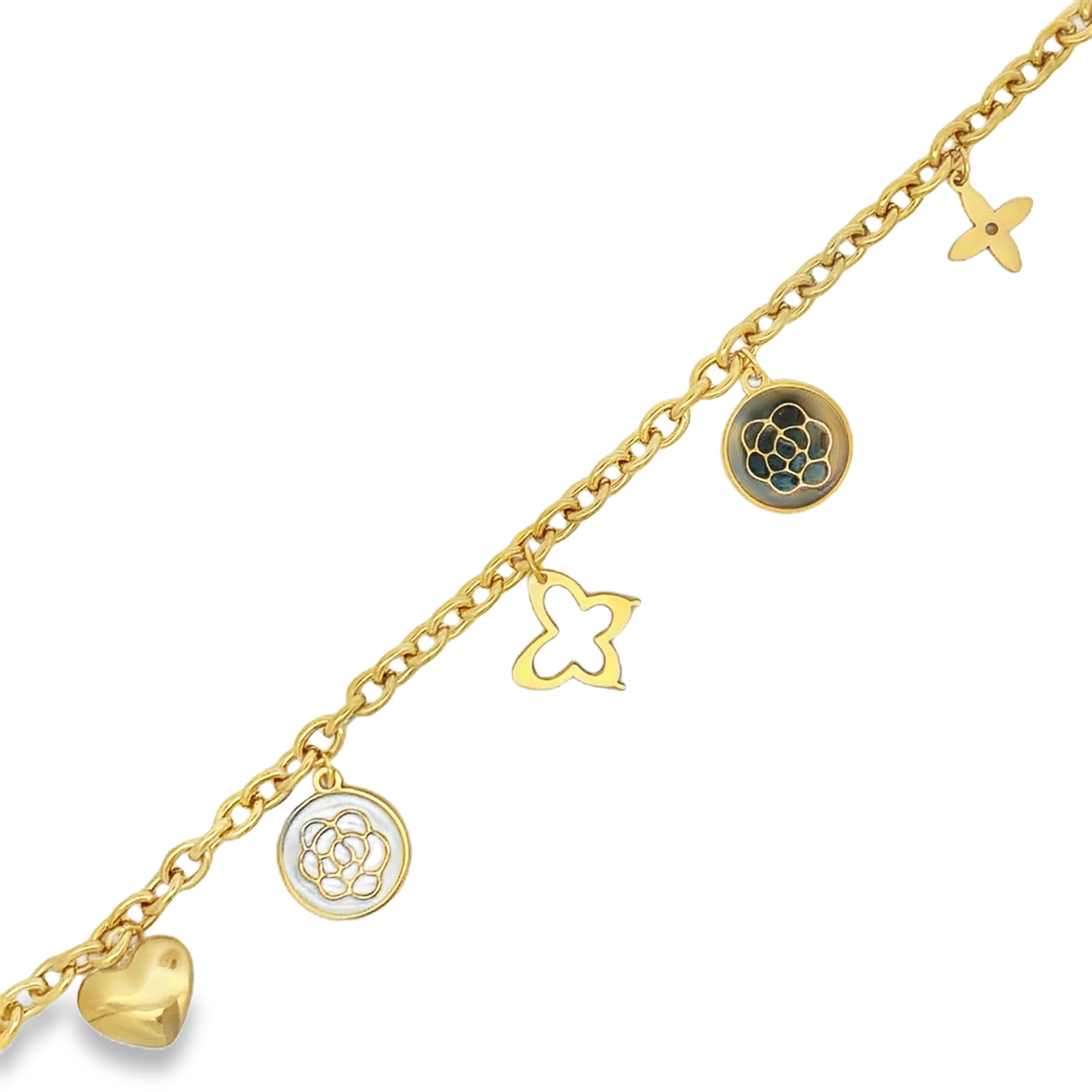 Yellow Gold Floral and Heart Motif Charm Bracelet