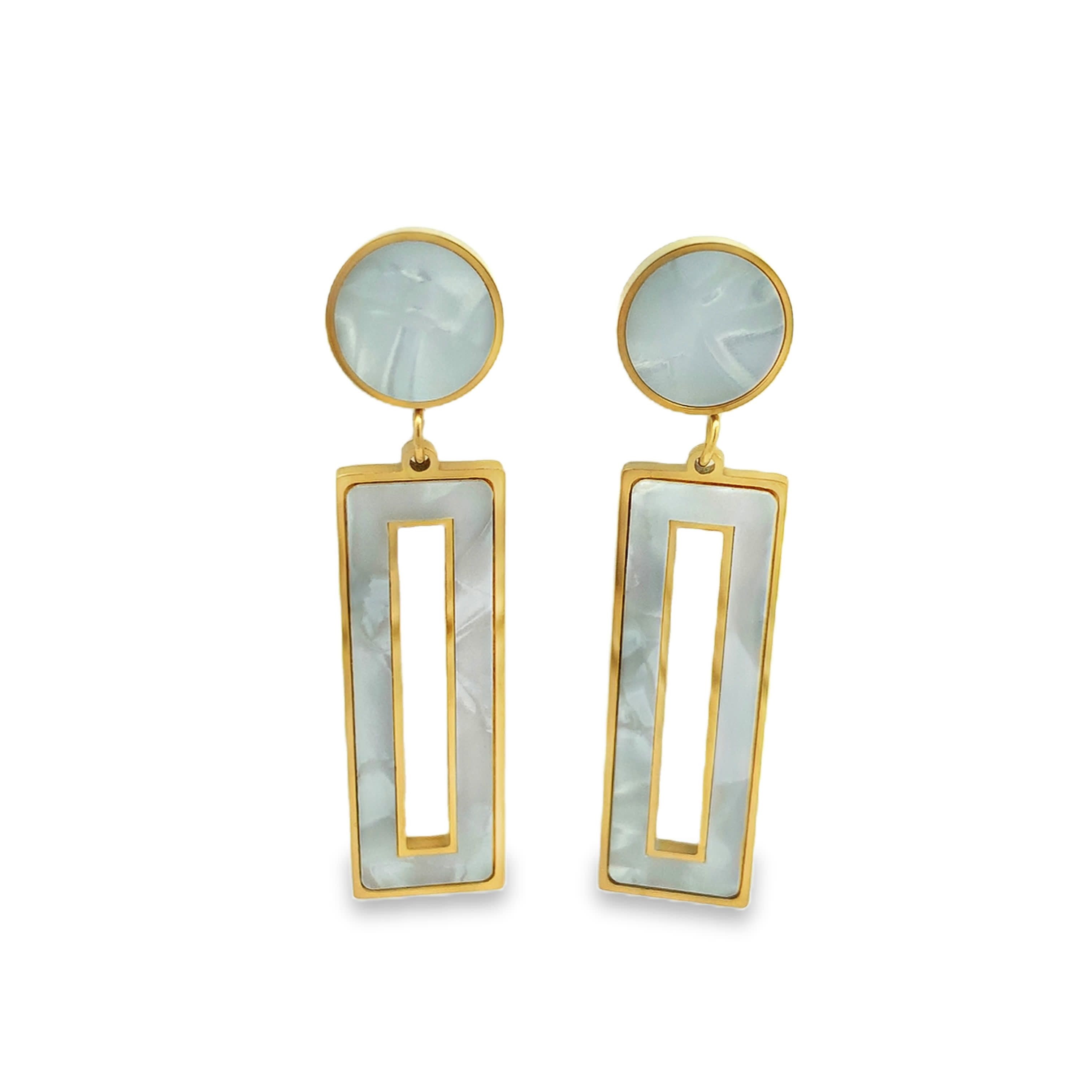 Geometric Pearl Drop Earrings in Yellow Gold