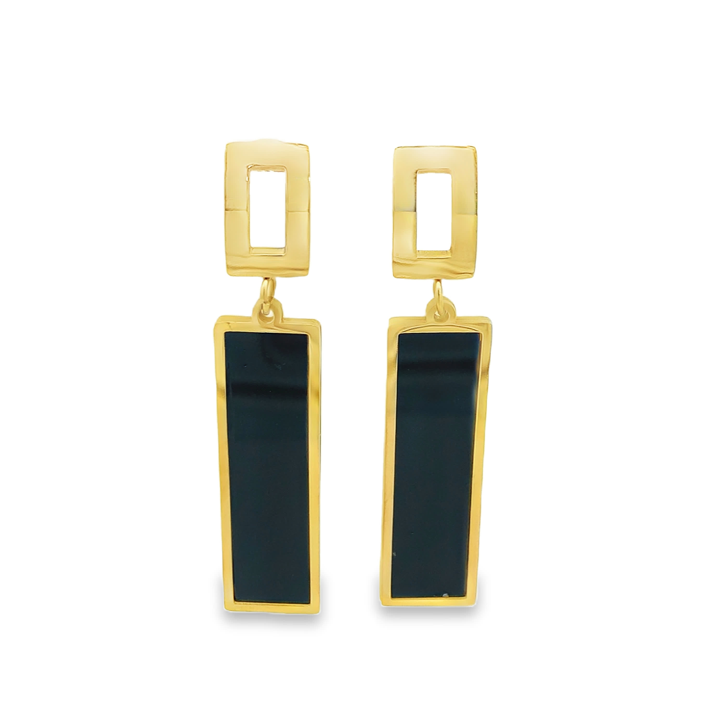 Geometric Onyx Drop Earrings in Yellow Gold