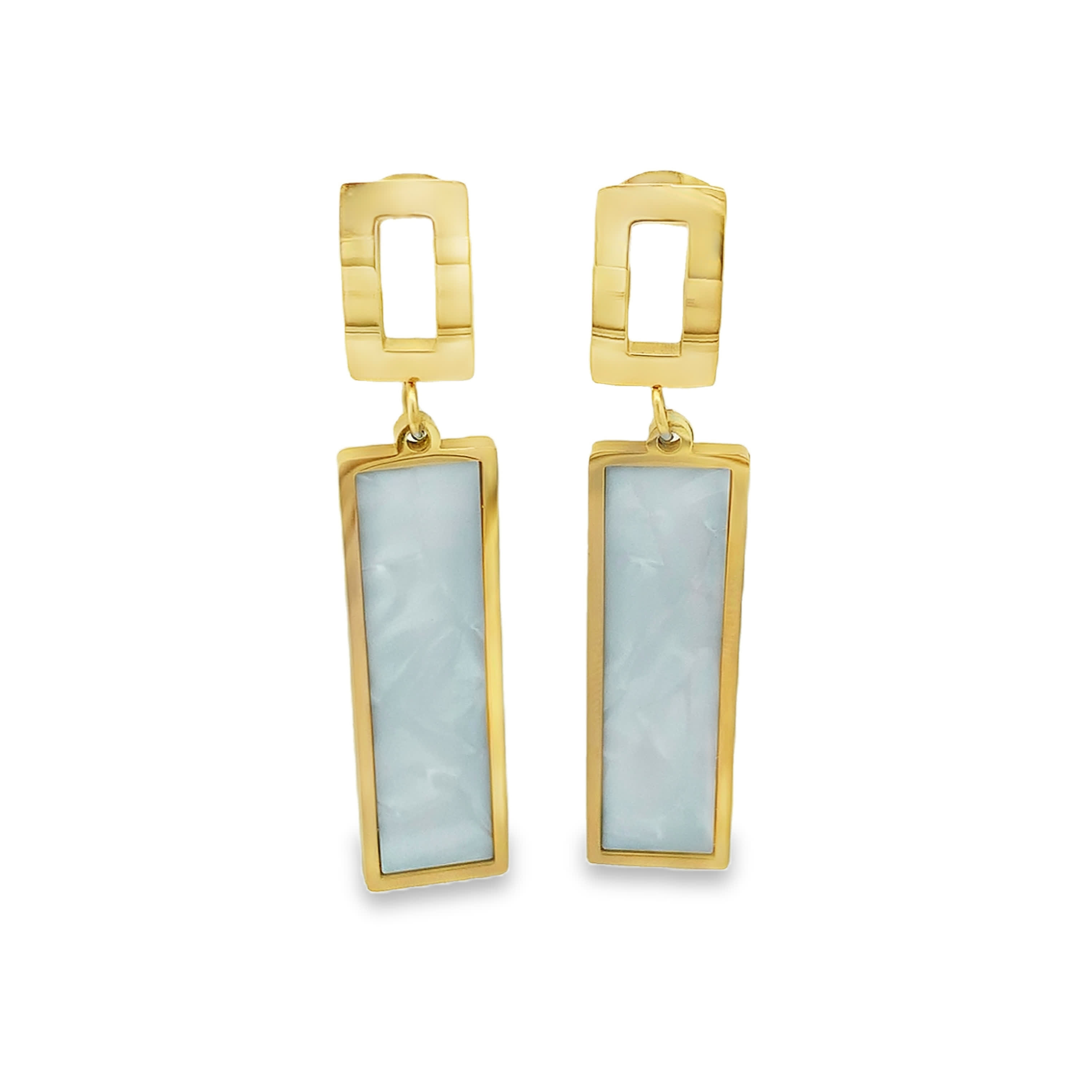 Geometric White Quartz Drop Earrings in Yellow Gold