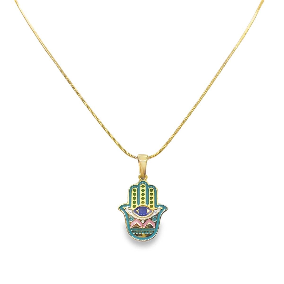 Pozłacany naszyjnik z zawieszką dłoni Hamsa w emalii