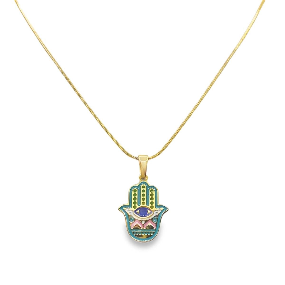 Pozłacany naszyjnik z zawieszką dłoni Hamsa w emalii