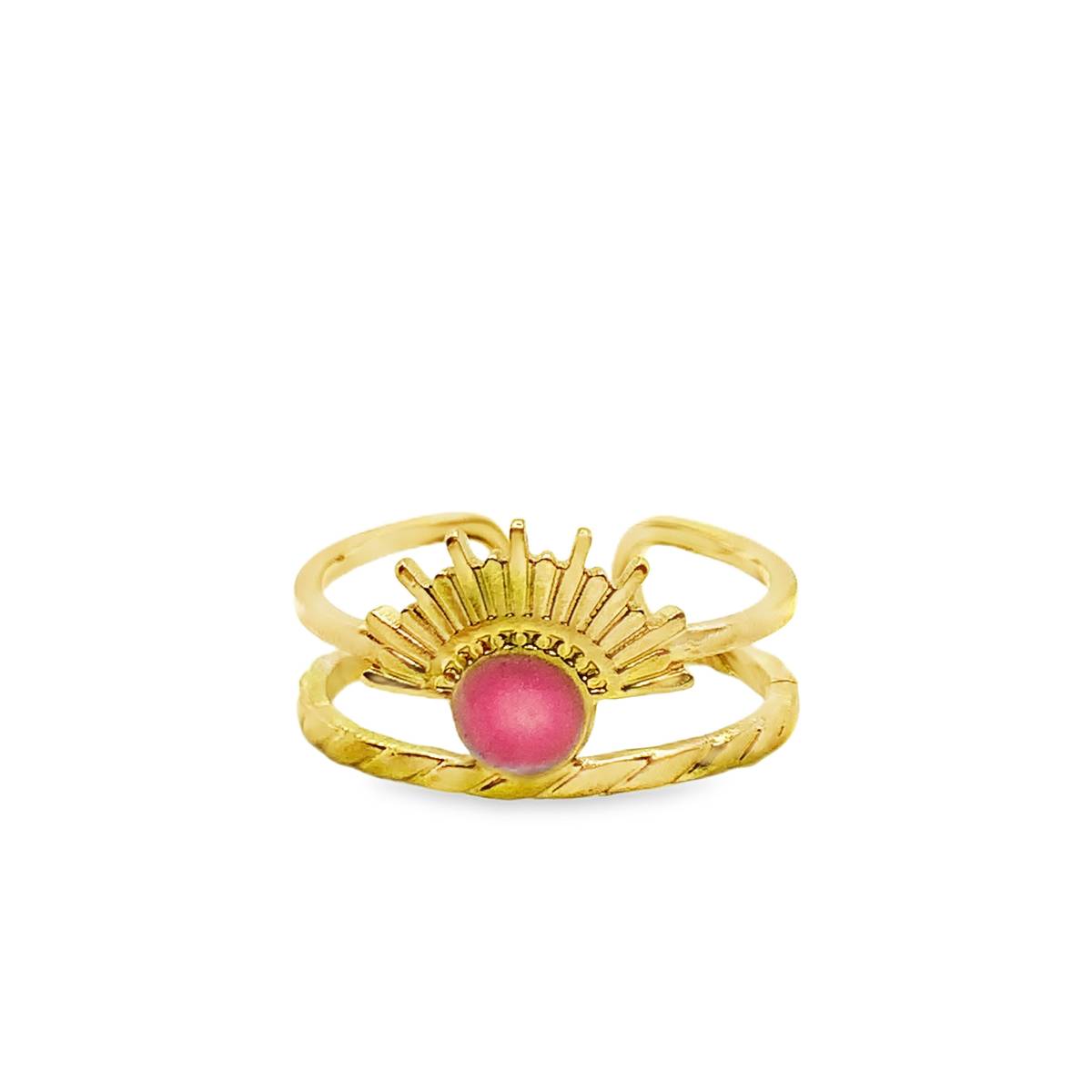 Pozłacany pierścionek stackable sunburst z różowym kamieniem