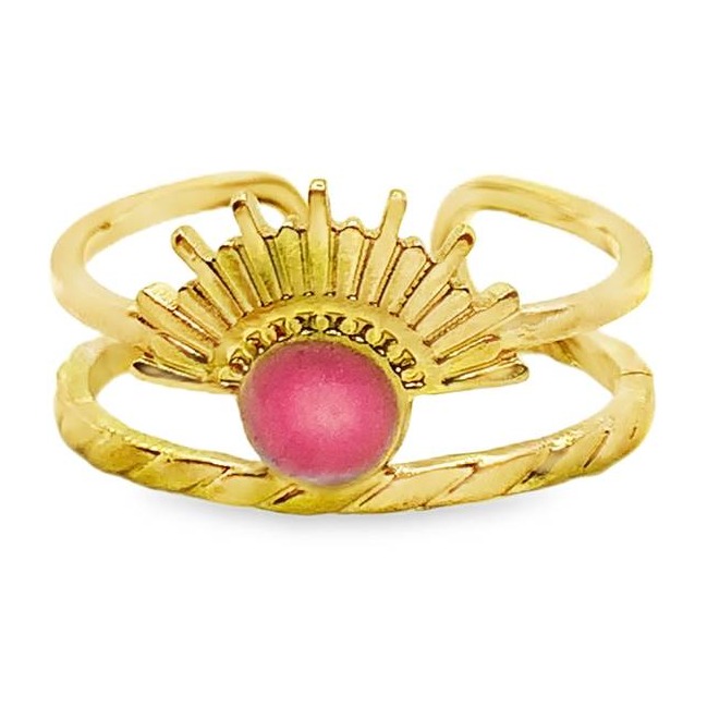 Pozłacany pierścionek stackable sunburst z różowym kamieniem