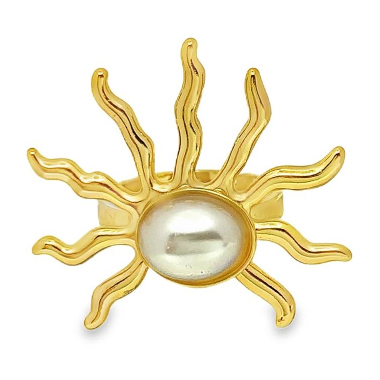 Pozłacany koktajlowy pierścionek sunburst z perłą