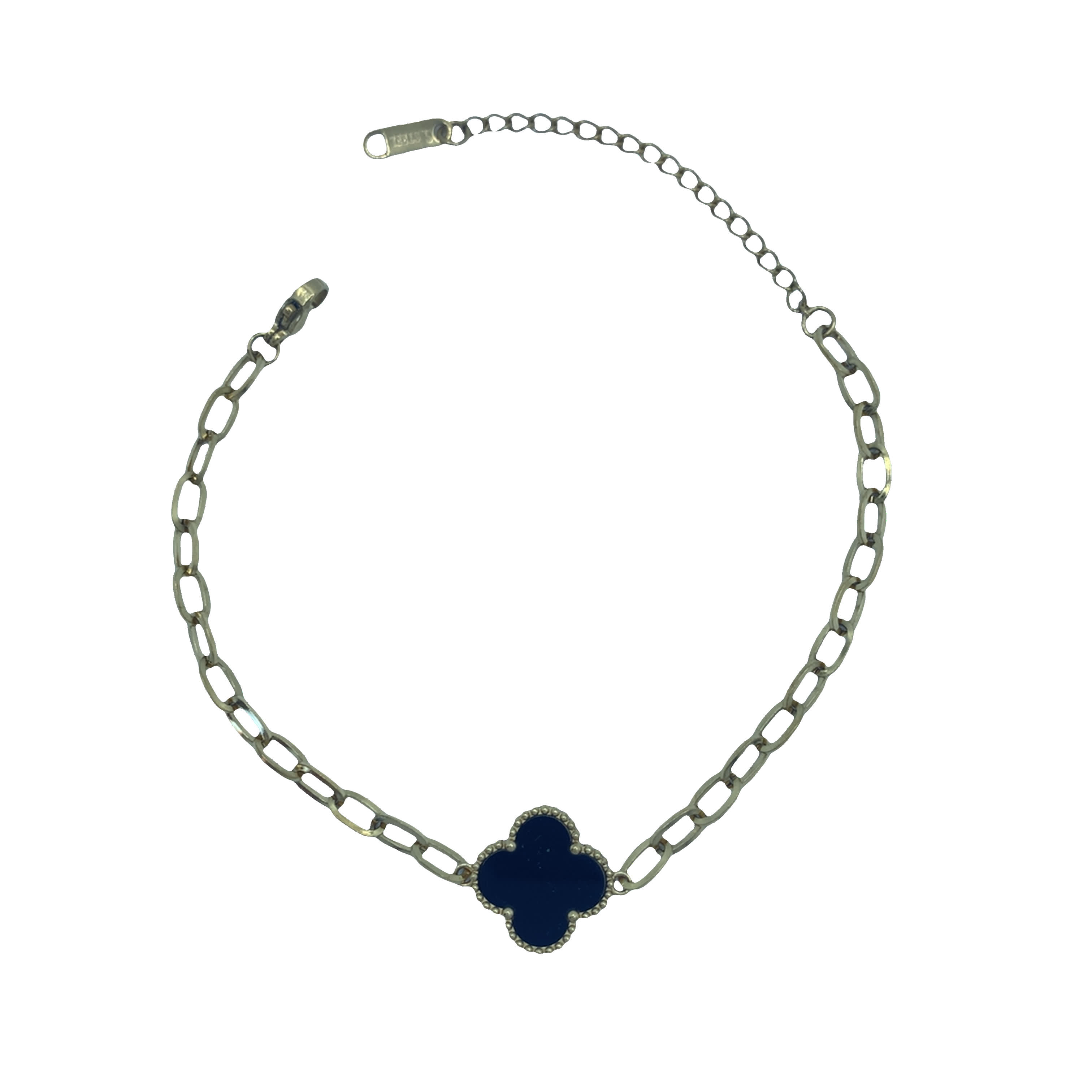 Bransoletka z łańcuszkiem ze posrebrzanej stali z koniczyną z niebieskiego onyksu