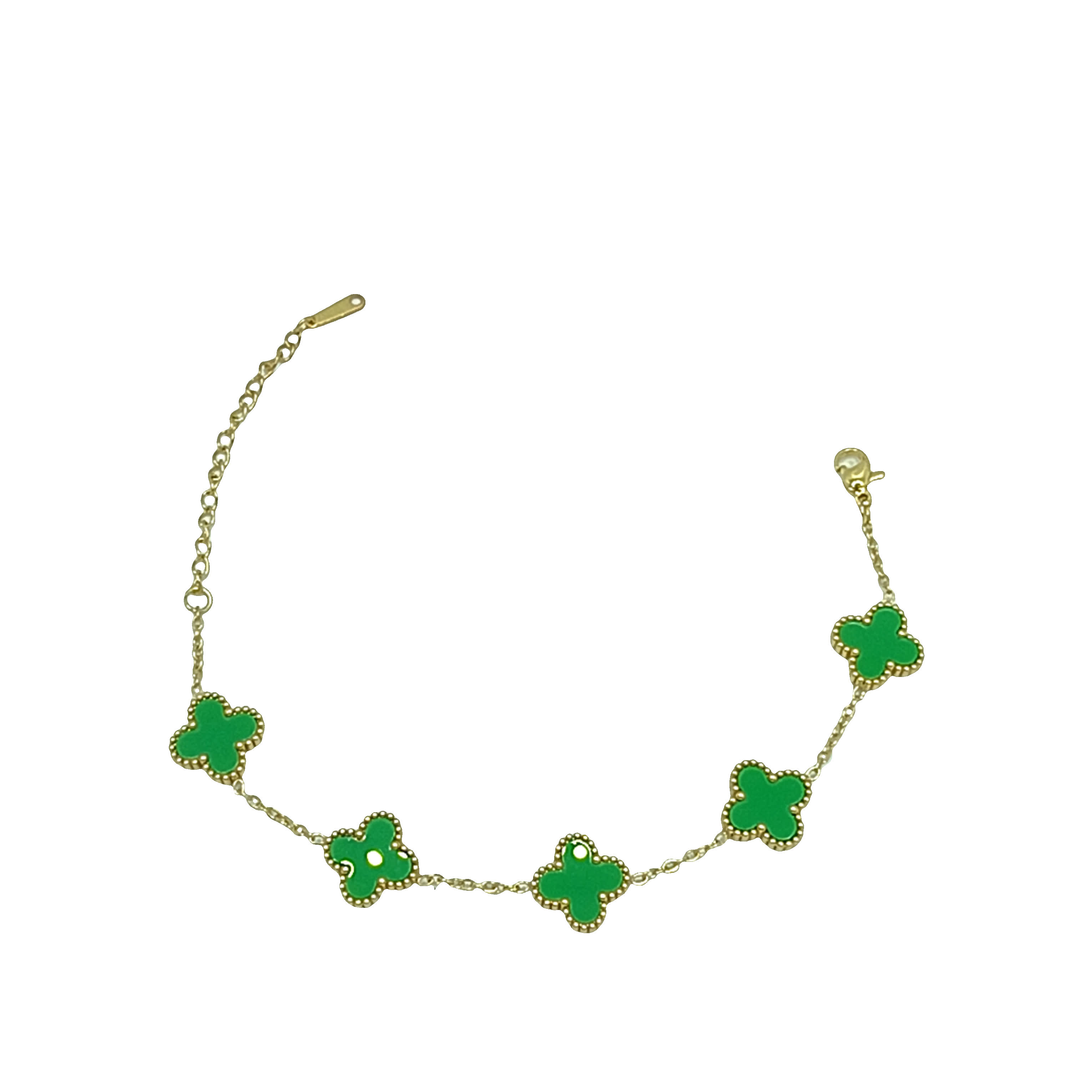 Bransoletka ze złoconej stali z koniczyną i zielonym jadeitem