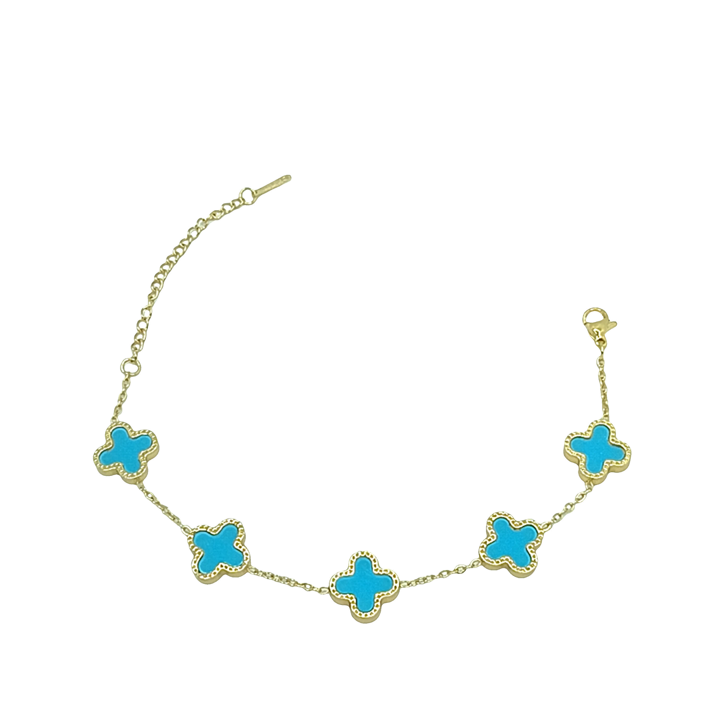 Bransoletka ze złoconej stali z turkusowymi koniczynkami