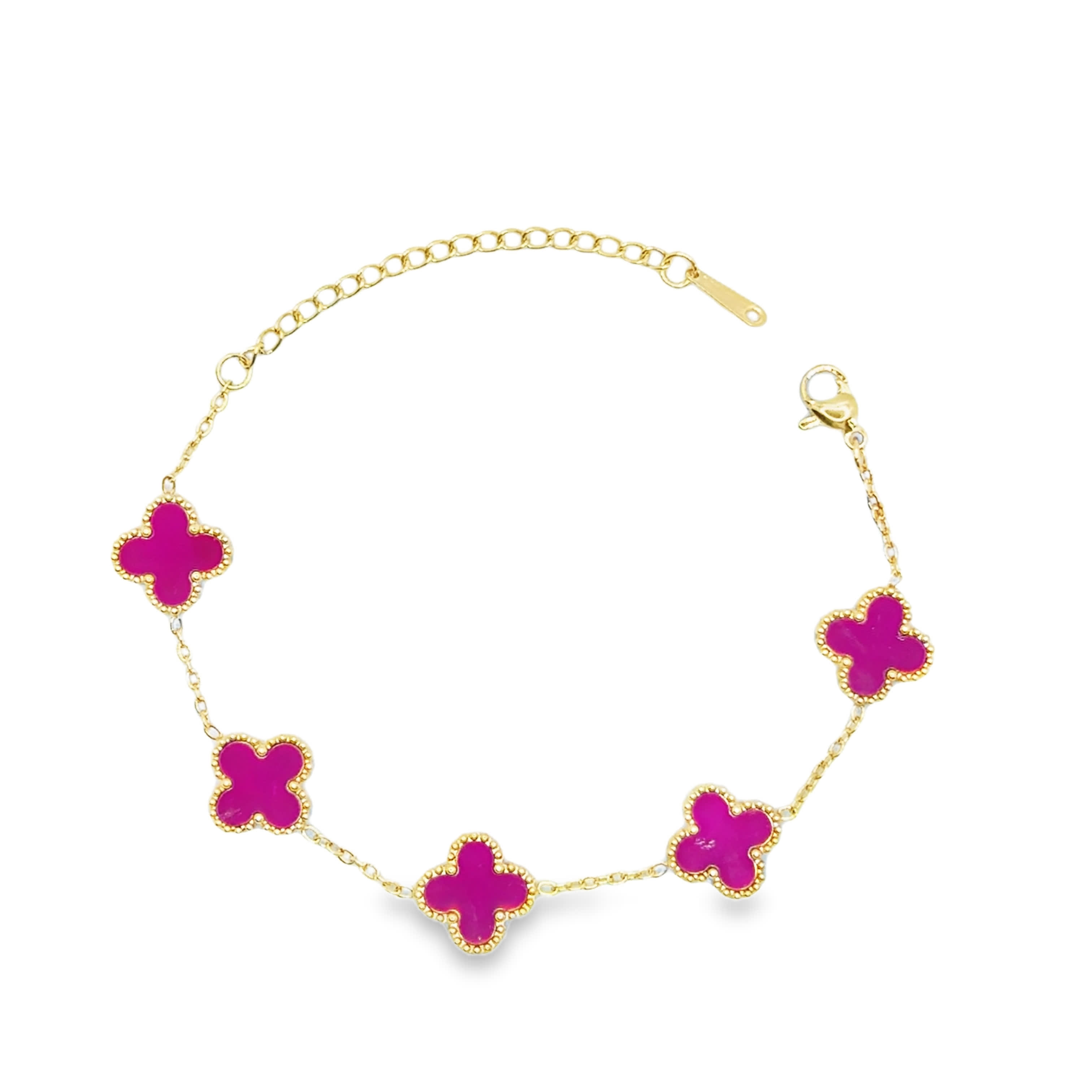 Bransoletka z łańcuszkiem z czerwonego agatu i koniczyny ze złoconej stali