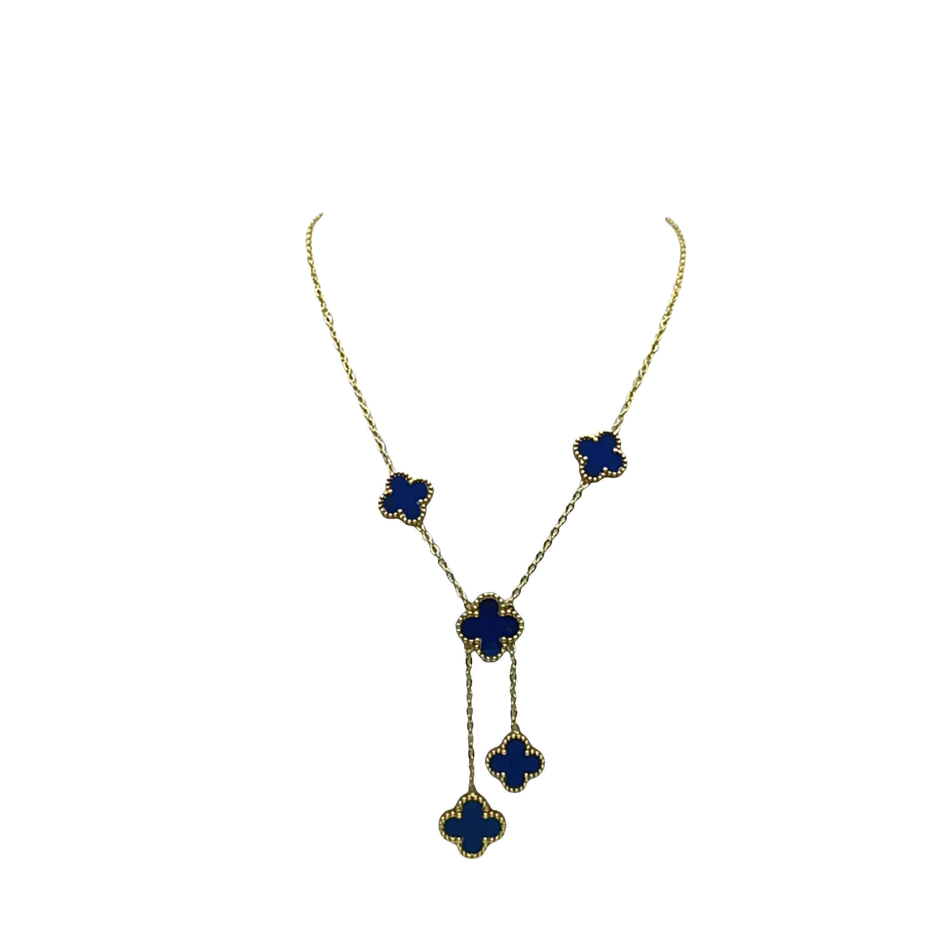 Złocony naszyjnik z zawieszkami i kaboszonami z  i koniczyny