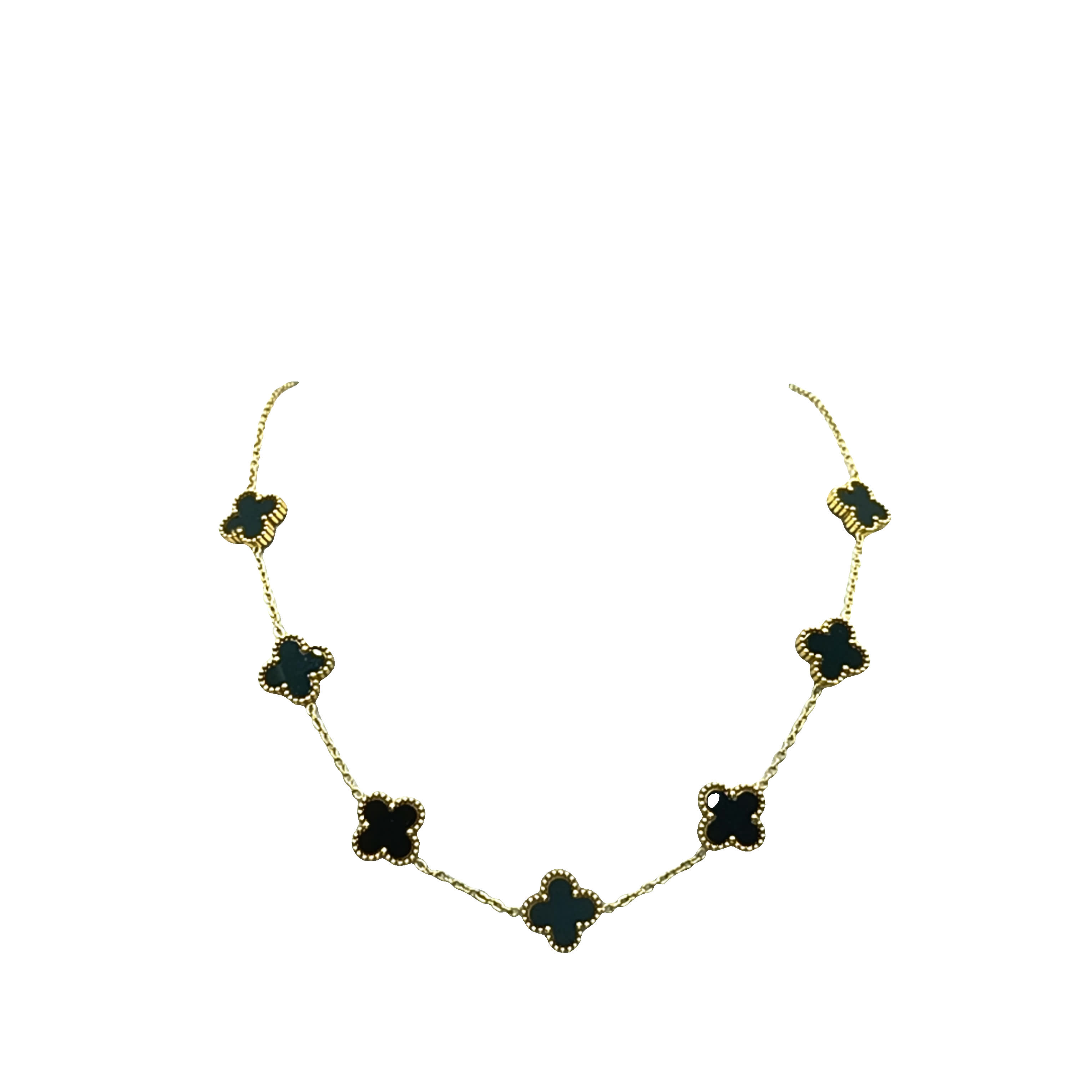 Złocony naszyjnik z łańcuszkiem i kamieniami onyksowymi w kształcie koniczyny