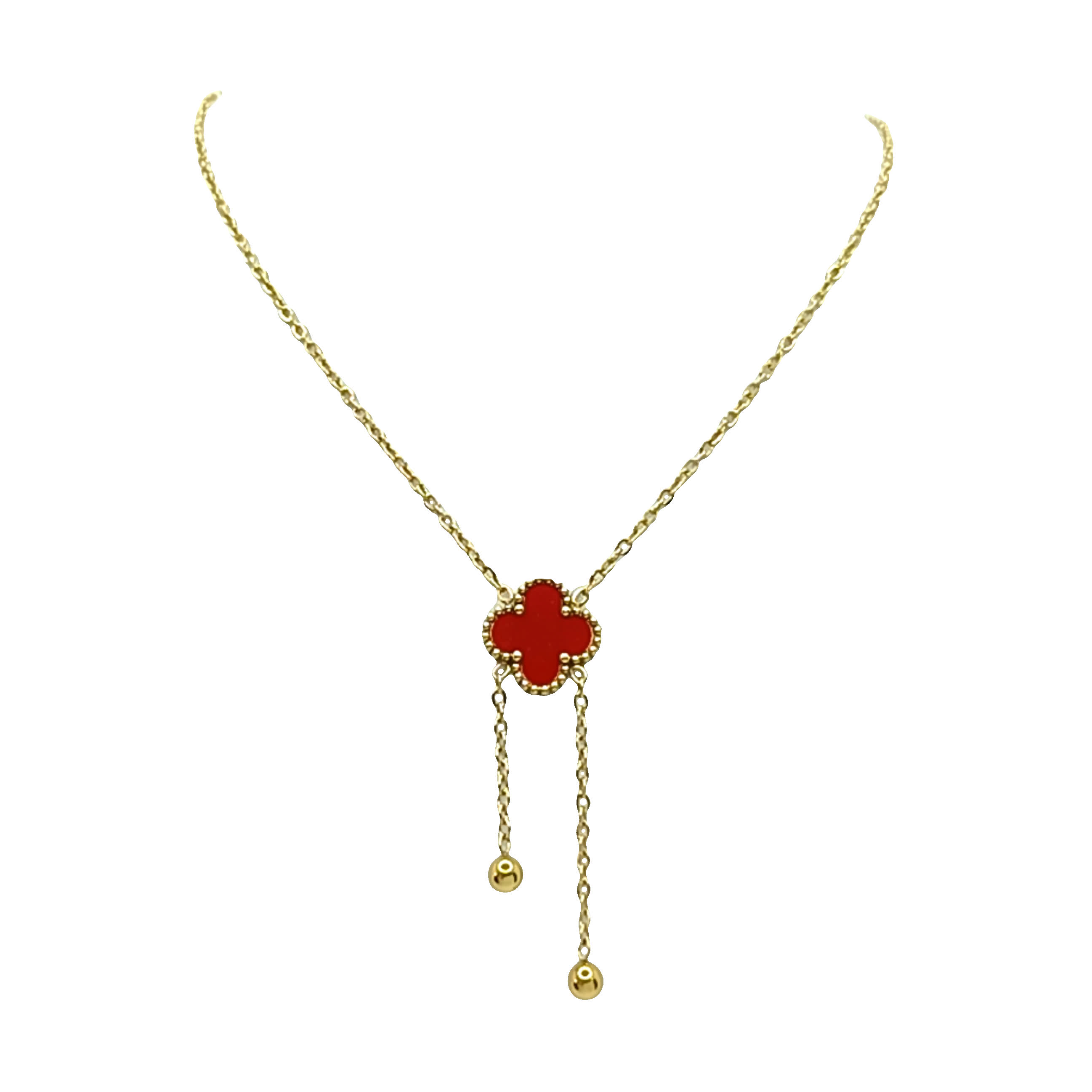 Złocony naszyjnik z zawieszką z czerwonym koralem Cabochon Quatrefoil