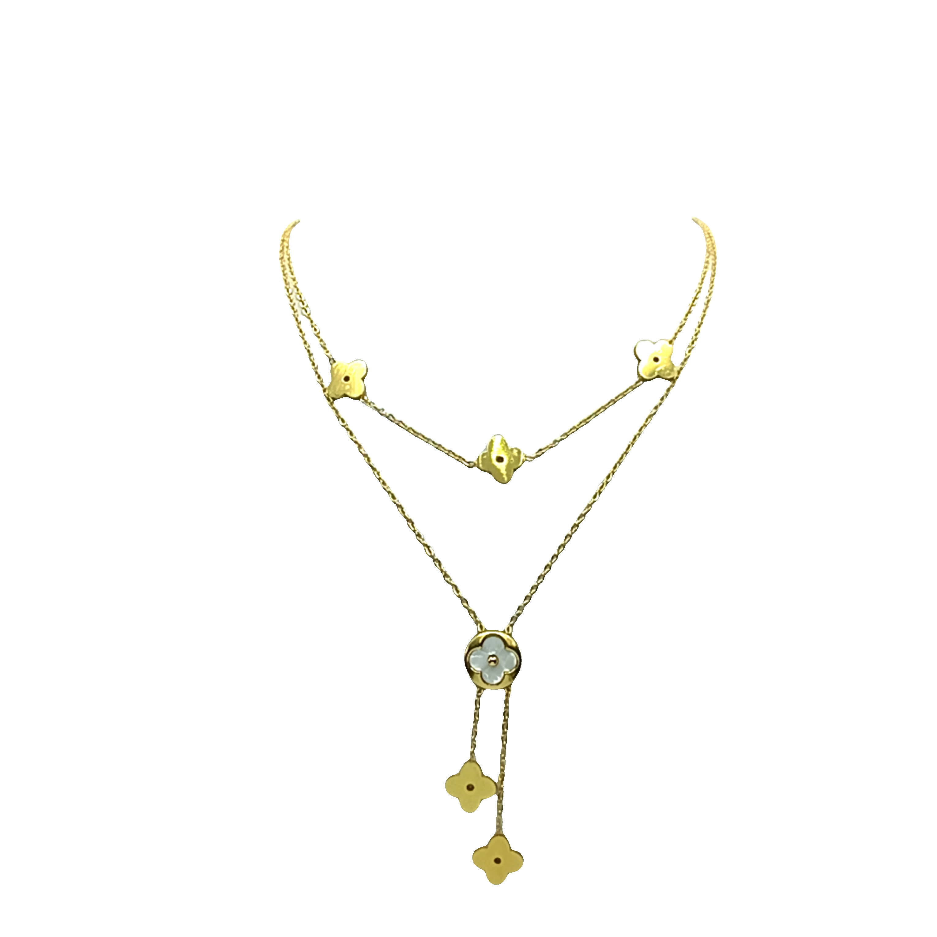 Elegancki złocony naszyjnik z łańcuszkiem i zawieszkami w kształcie koniczyny