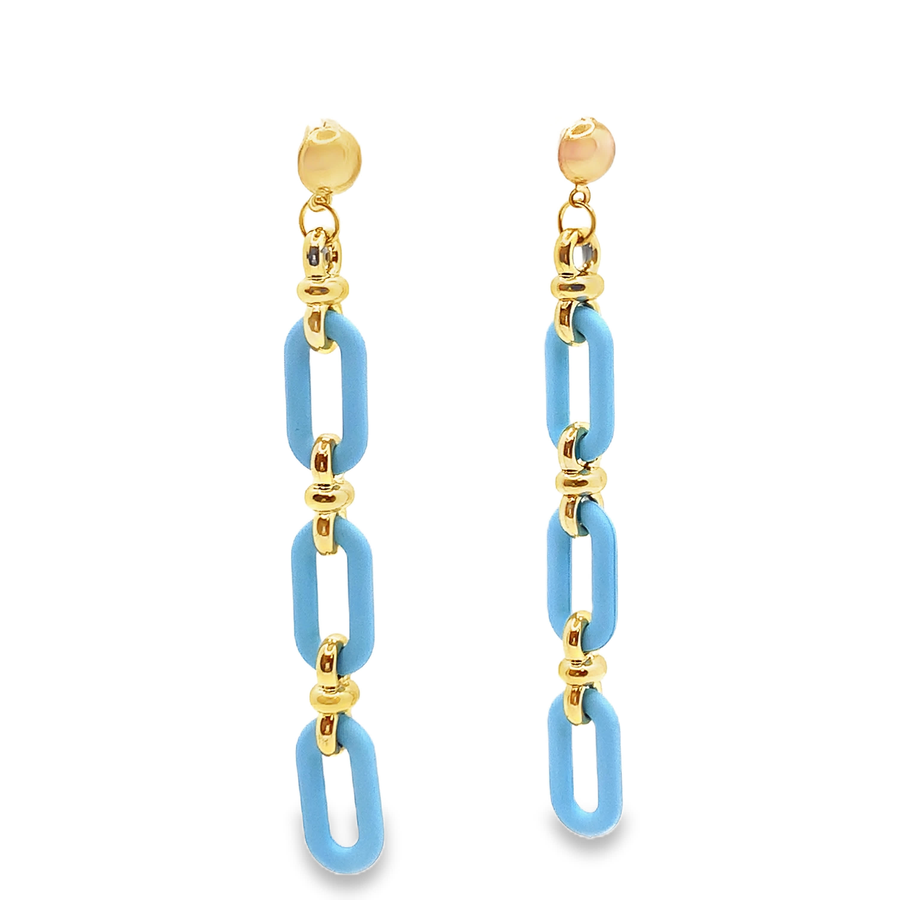 Złocone kolczyki z jasnoniebieskimi ogniwami łańcuszka
