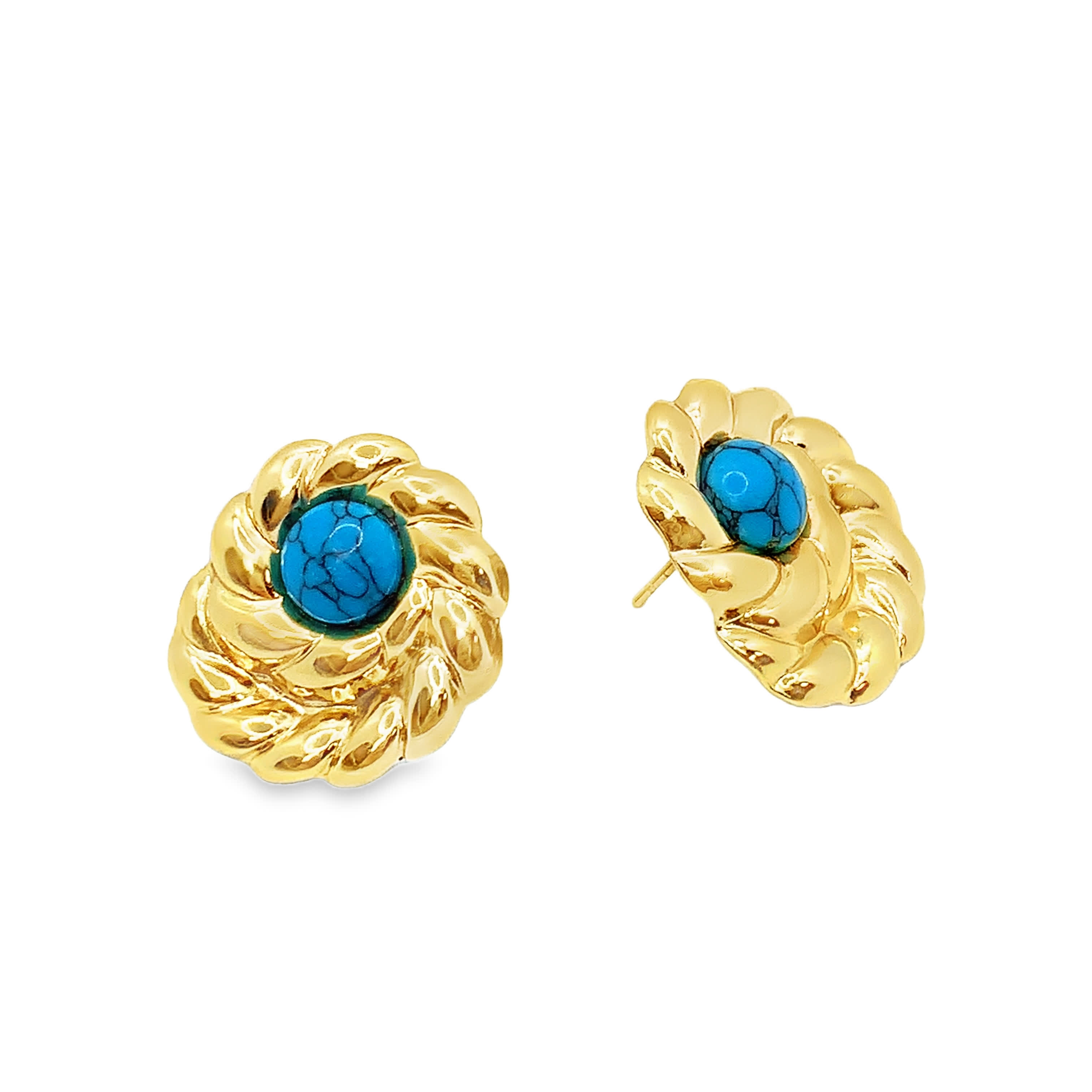 Złocone kolczyki z okrągłymi turkusowymi kaboszonami