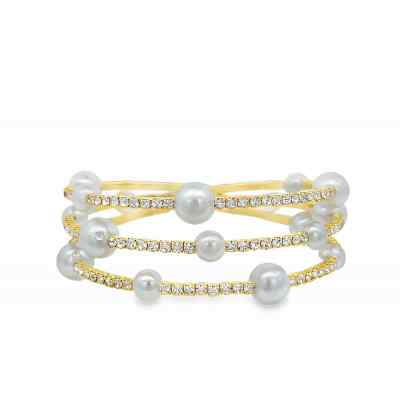 Wielorzędowa bransoletka typu bangle z żółtego złota z perłami