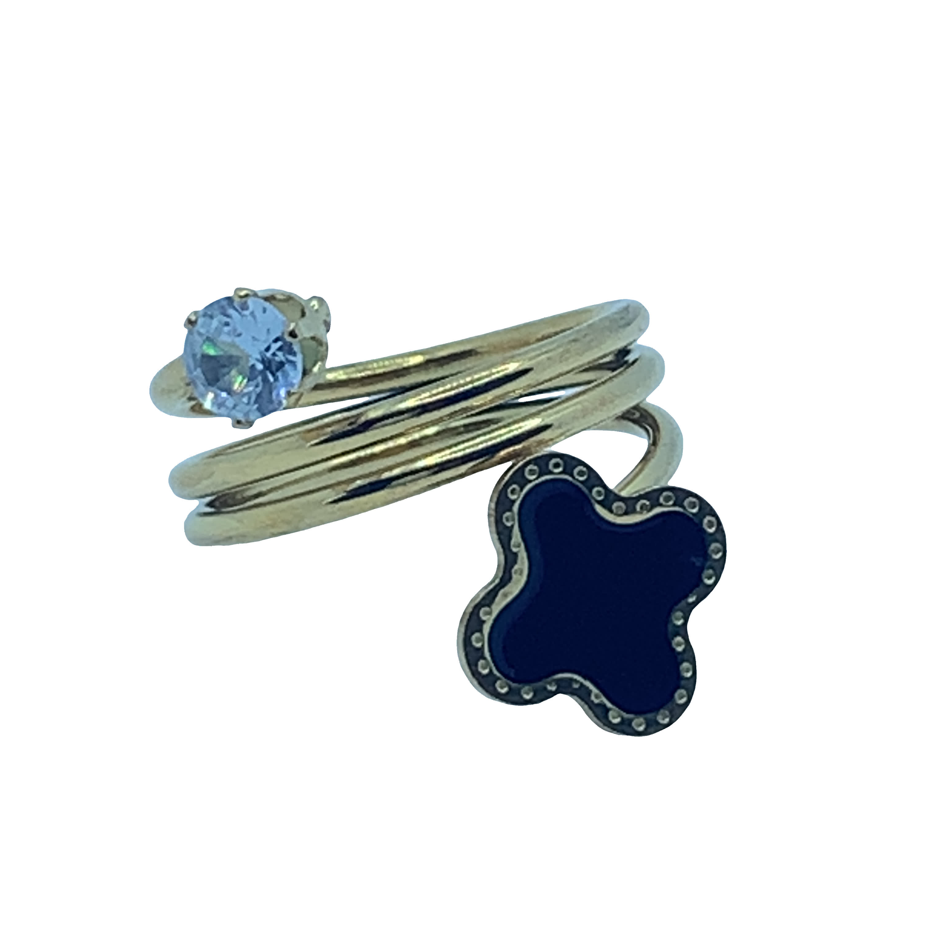 Złocony pierścionek z wieloma kamieniami i niebieskim topazem