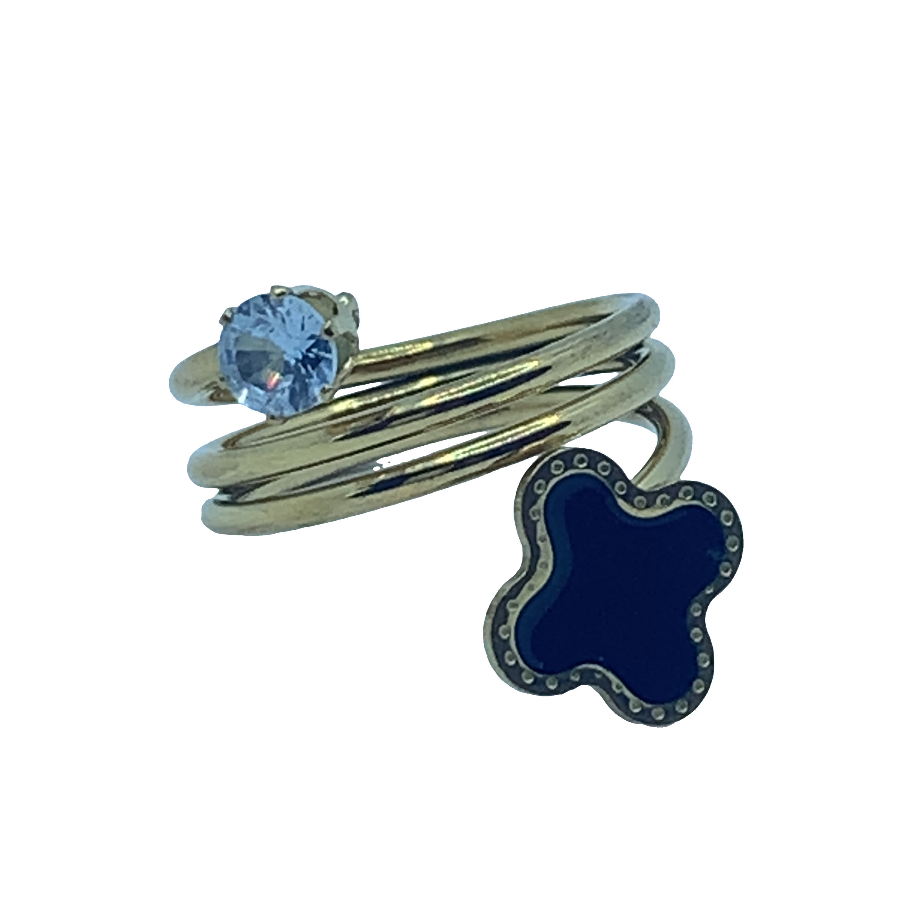 Złocony pierścionek z okrągłym niebieskim topazem