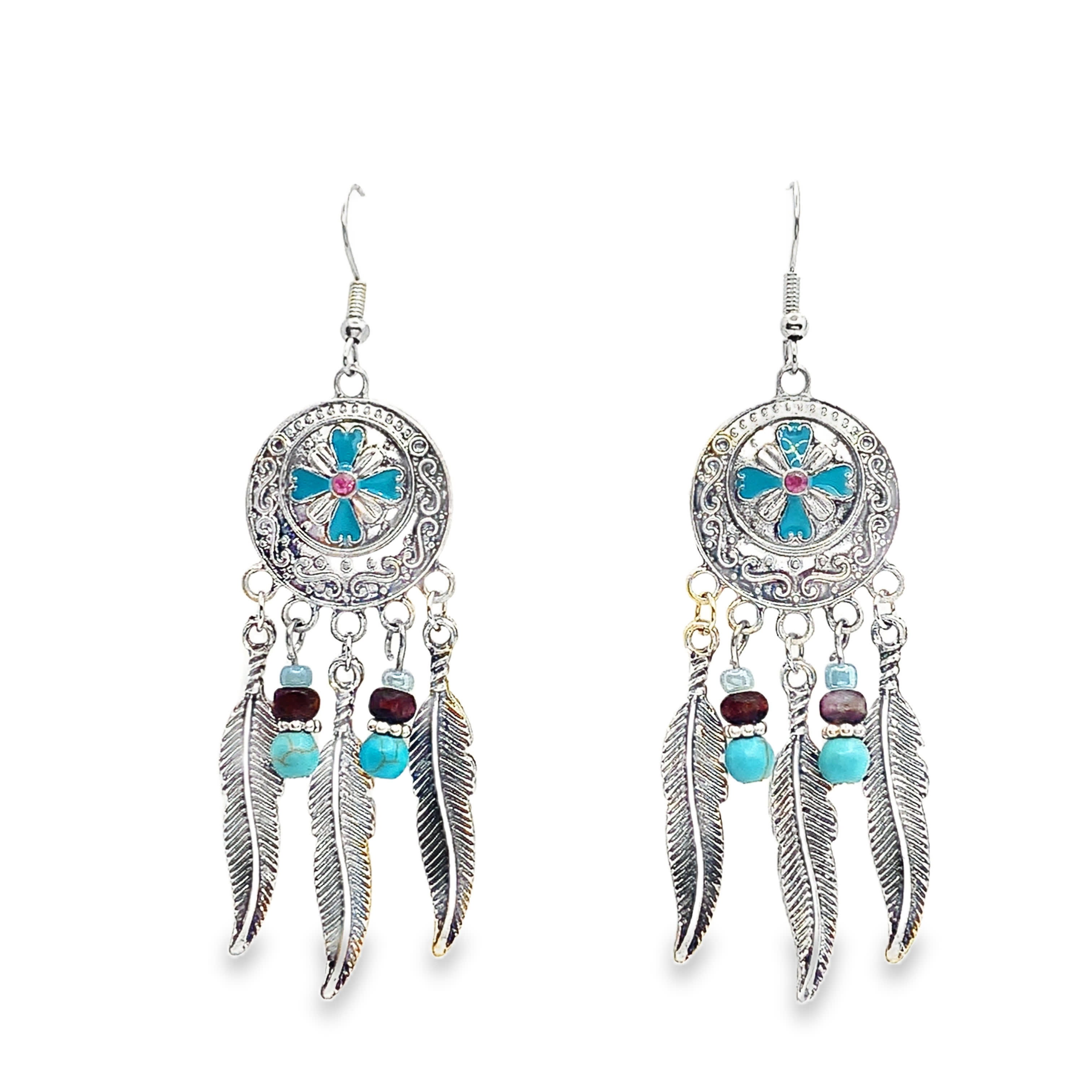 Posrebrzane kolczyki wiszące z turkusowymi koralikami