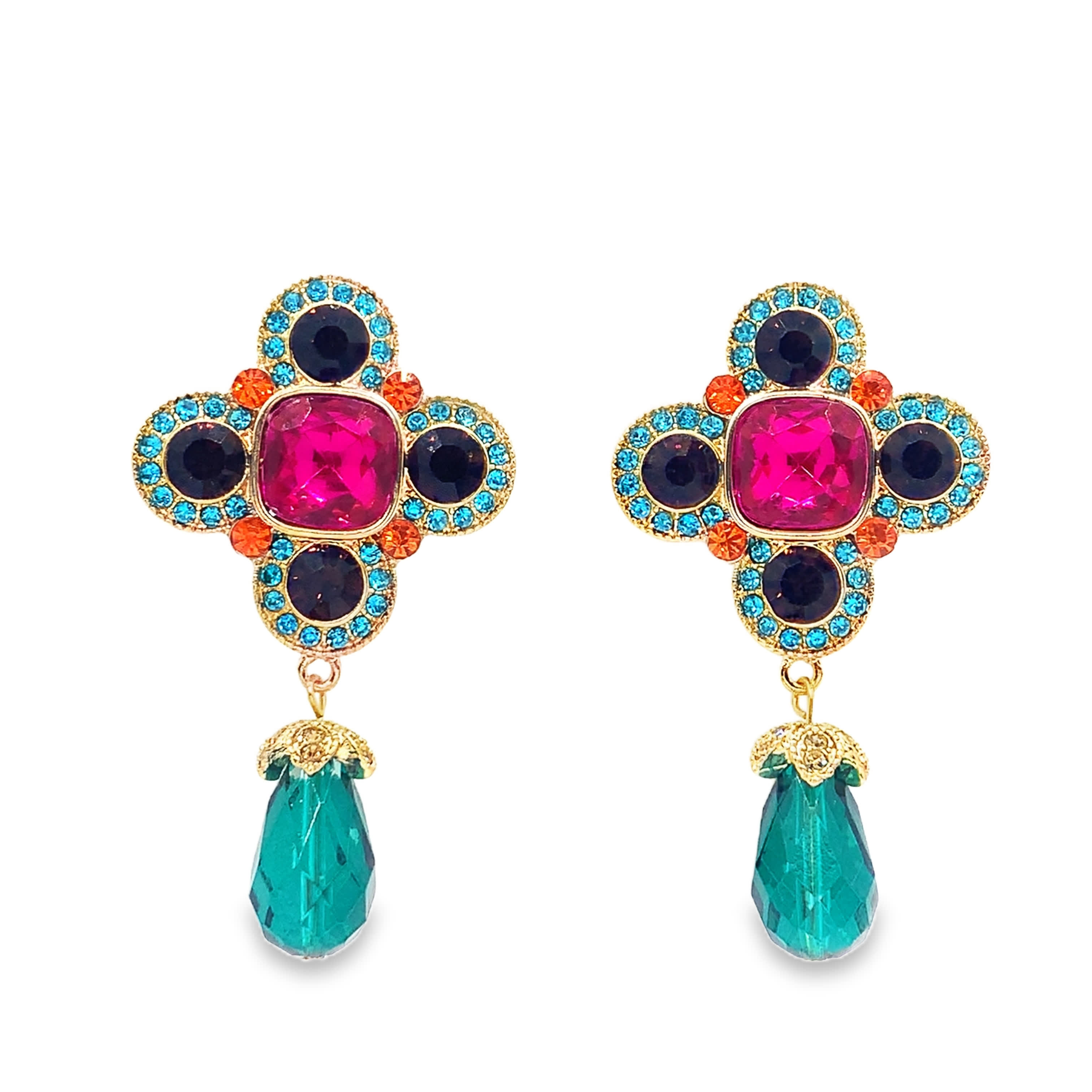 Złocone wiszące kolczyki z kwadratowym fioletowym turmalinem