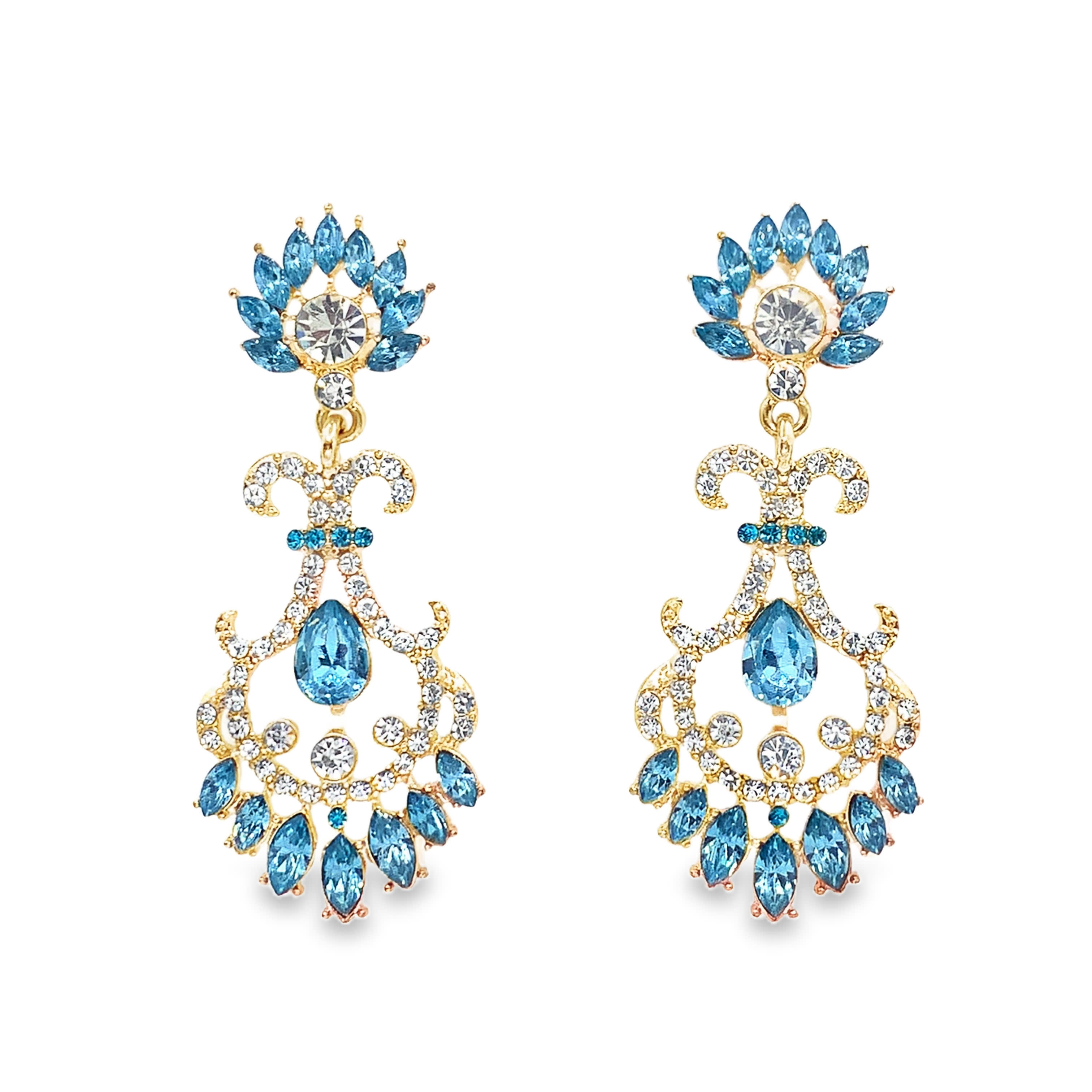 Złocone wiszące kolczyki z niebieskim topazem w kształcie gruszki