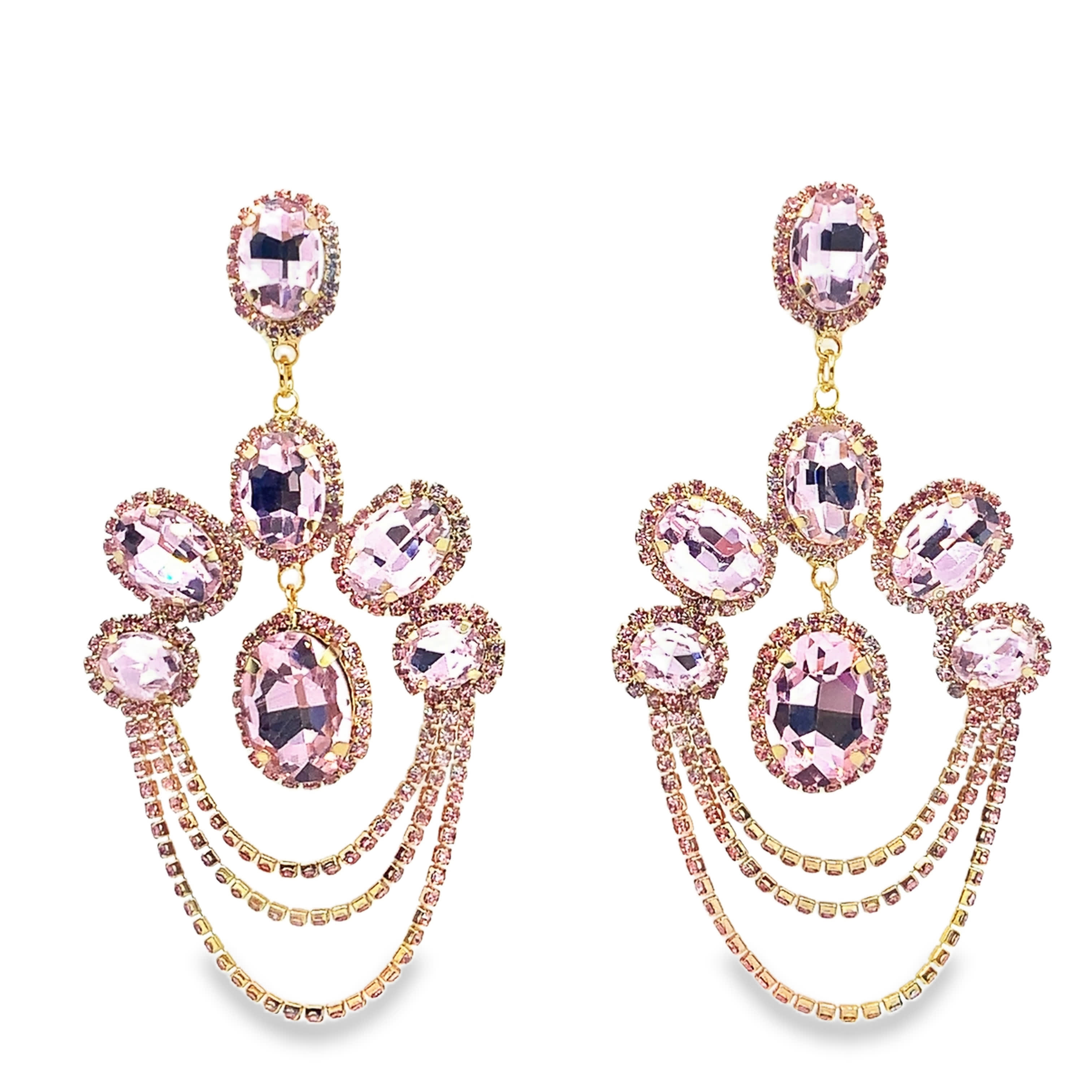 Złocone wiszące kolczyki z czerwono-fioletowym kwarcem różowym